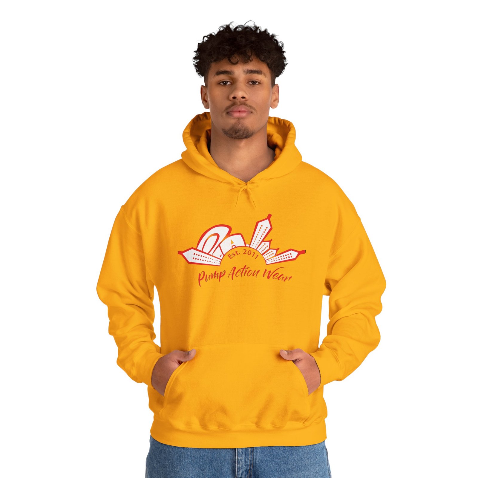 City Skyline Hoodie — 'Planet Action Wear' Retro Red Logo - Image 23