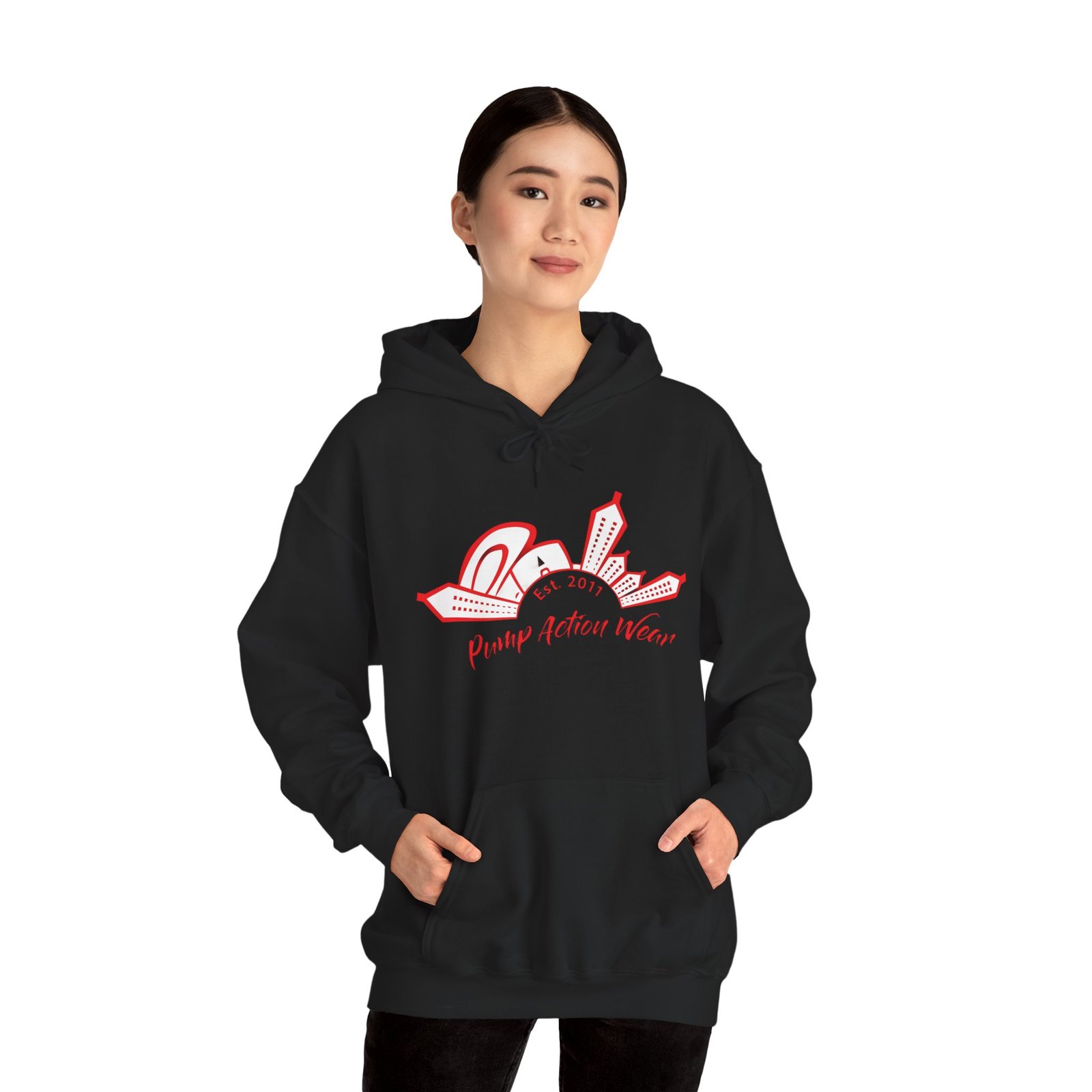 City Skyline Hoodie — 'Planet Action Wear' Retro Red Logo - Image 3