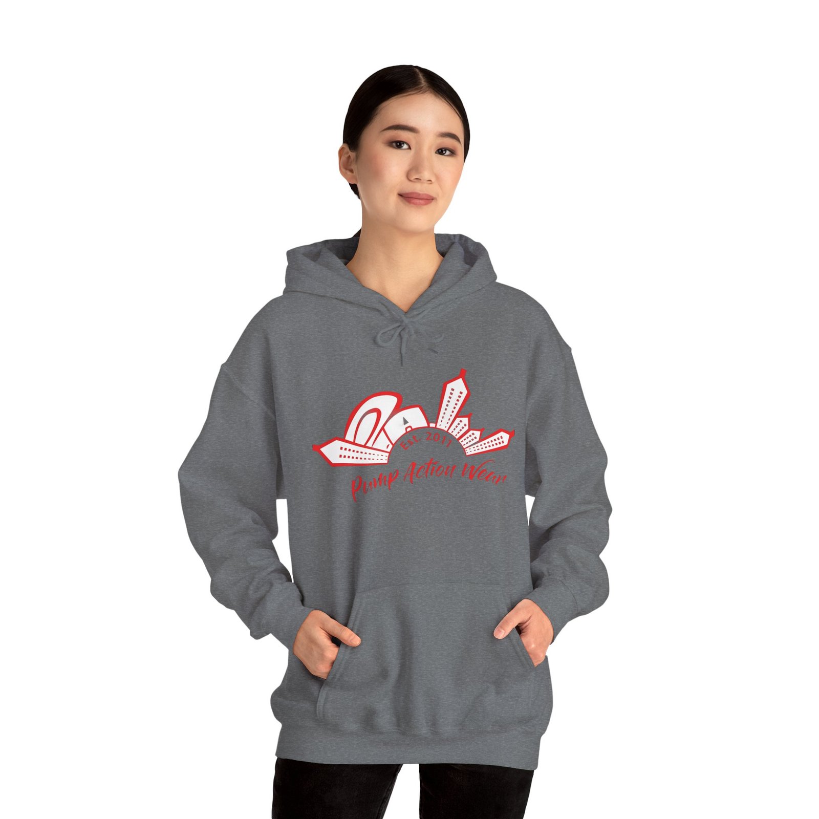 City Skyline Hoodie — 'Planet Action Wear' Retro Red Logo - Image 38