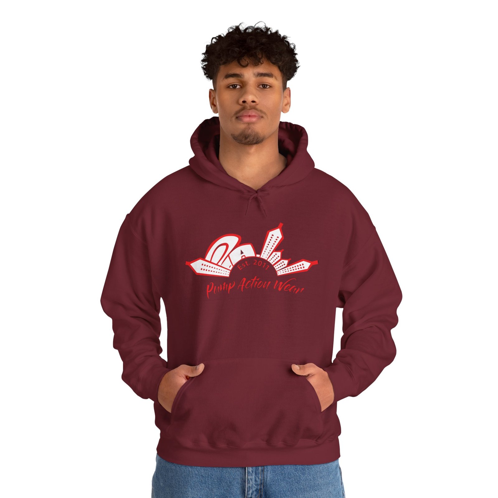 City Skyline Hoodie — 'Planet Action Wear' Retro Red Logo - Image 51
