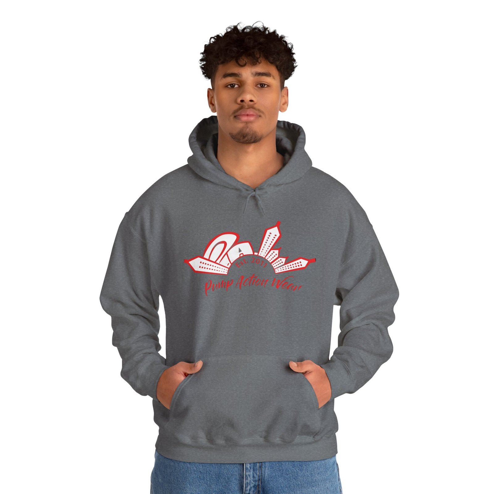 City Skyline Hoodie — 'Planet Action Wear' Retro Red Logo - Image 39