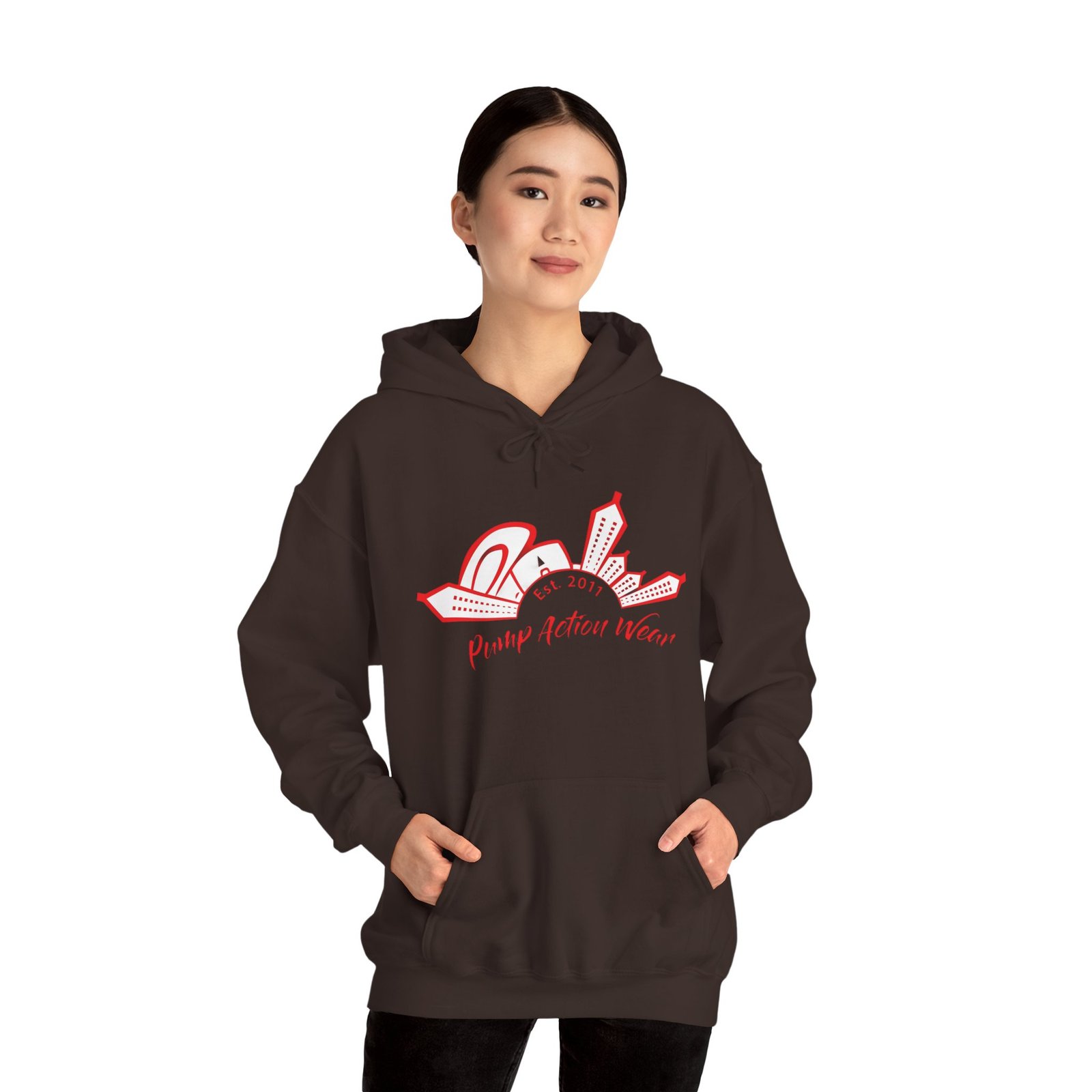 City Skyline Hoodie — 'Planet Action Wear' Retro Red Logo - Image 30