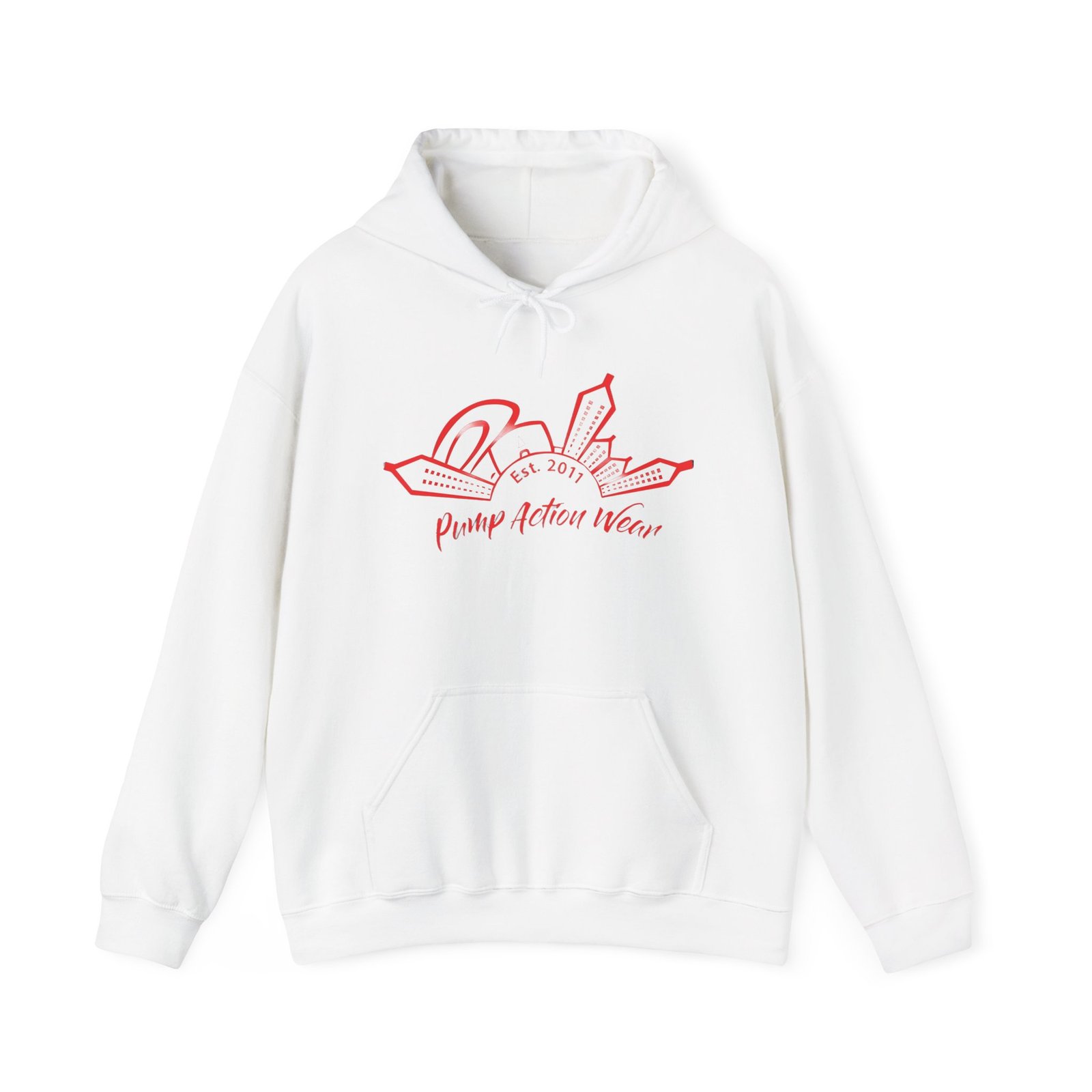 City Skyline Hoodie — 'Planet Action Wear' Retro Red Logo - Image 5
