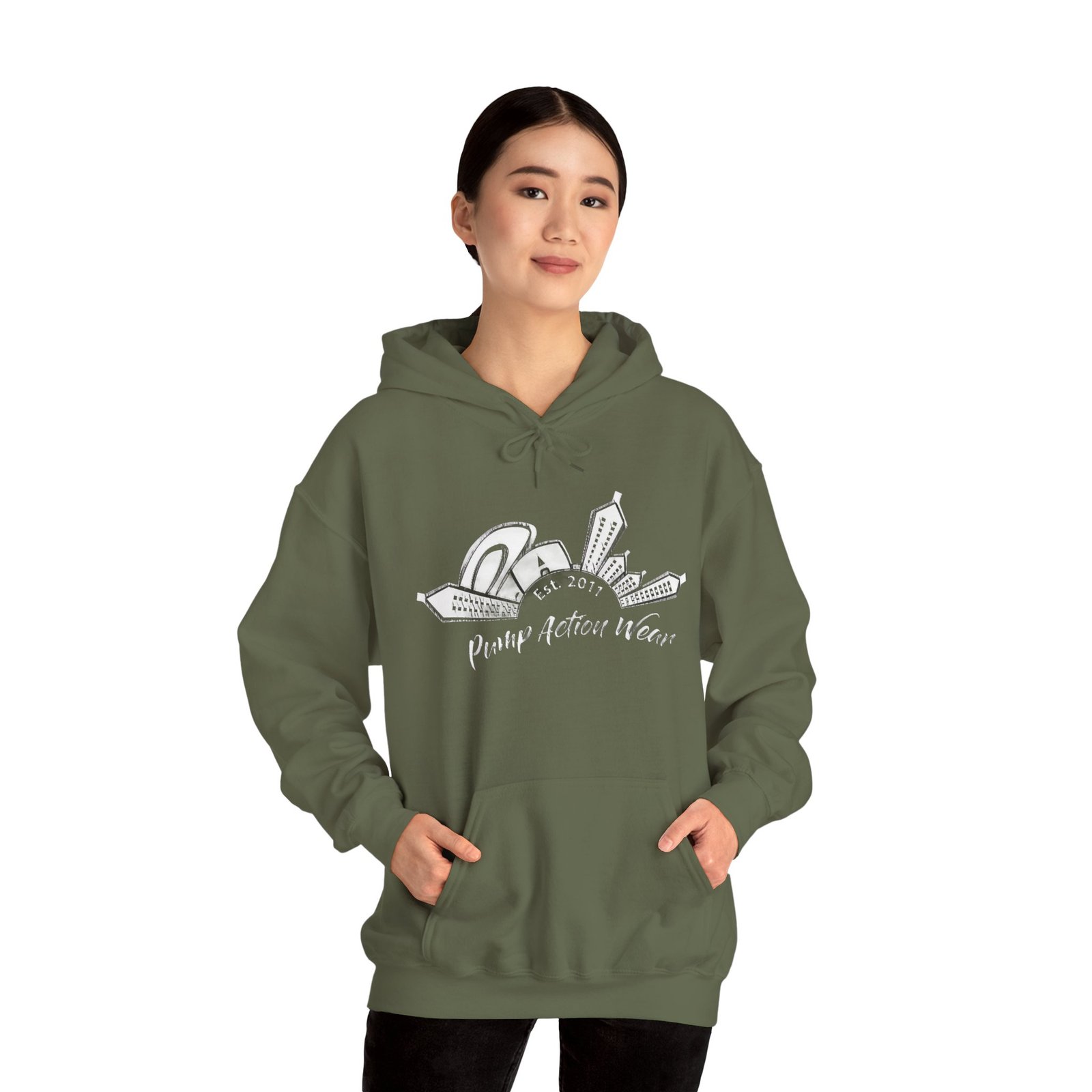 Pump Action Wear Hoodie — Vintage Gunshop Logo Pullover - Image 18