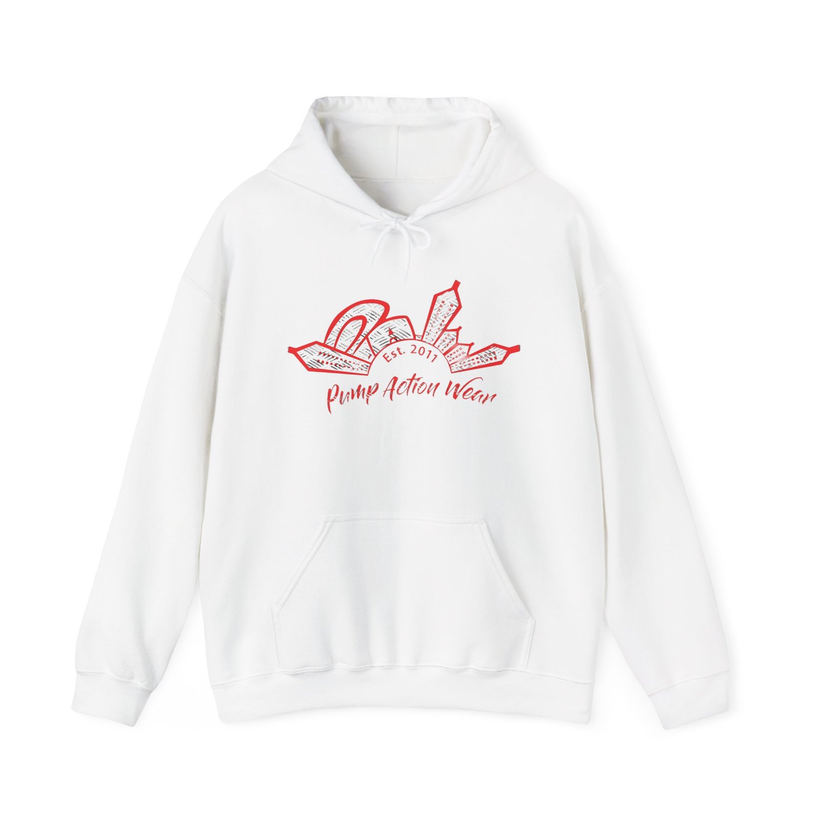 City Skyline Hoodie — 'Pump Action Weaver' Red Sketch Urban Graphic Pullover