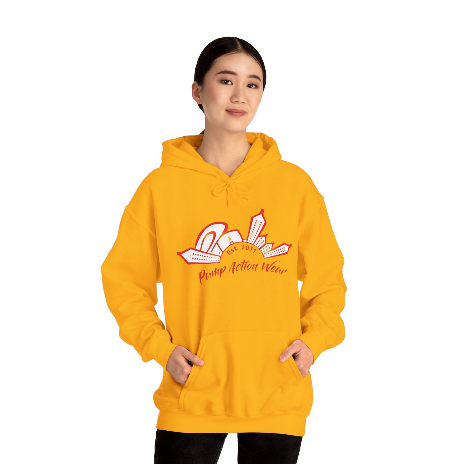 City Skyline Hoodie — 'Planet Action Wear' Retro Red Logo - Image 22