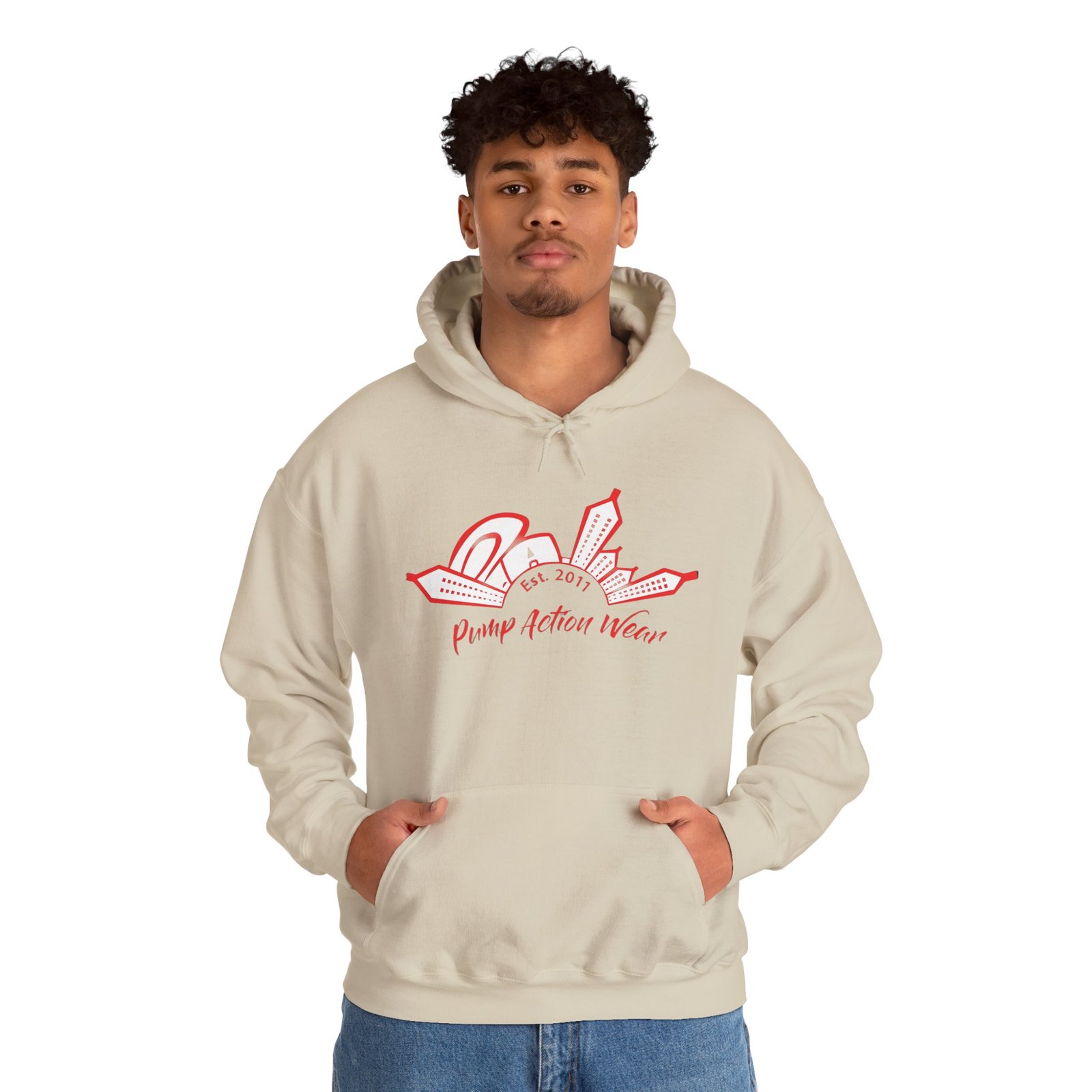 City Skyline Hoodie — 'Planet Action Wear' Retro Red Logo - Image 15