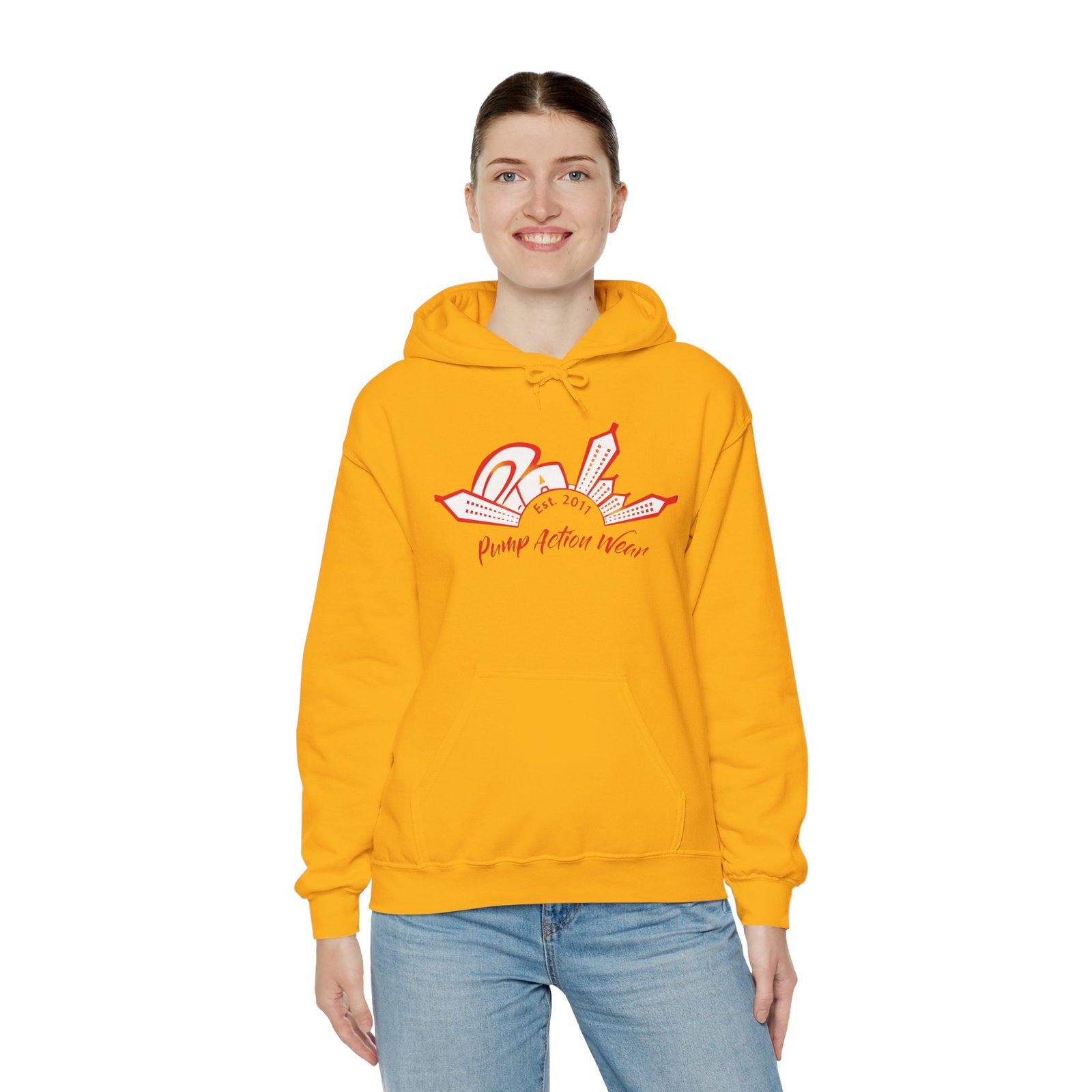 City Skyline Hoodie — 'Planet Action Wear' Retro Red Logo - Image 24