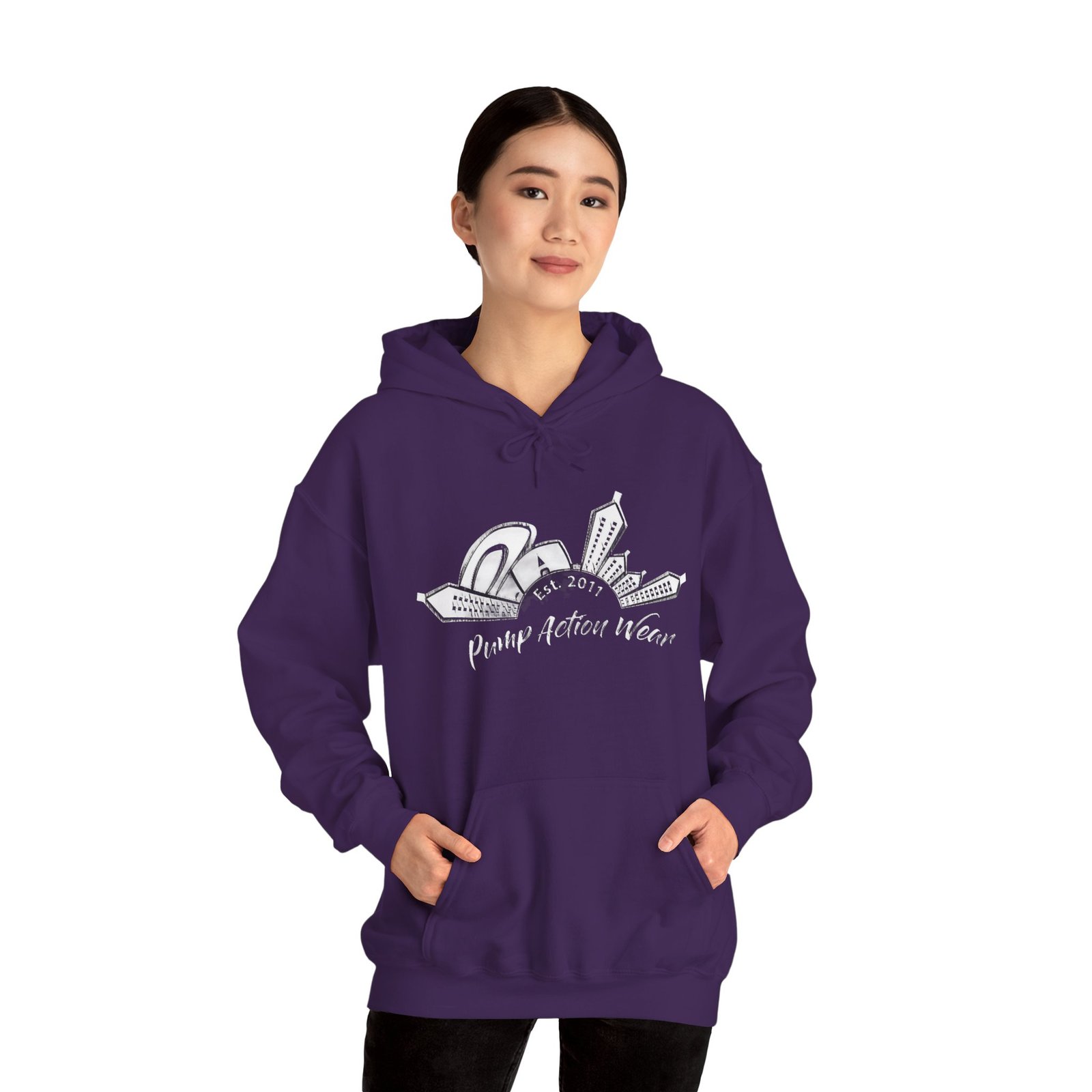 Pump Action Wear Hoodie — Vintage Gunshop Logo Pullover - Image 50