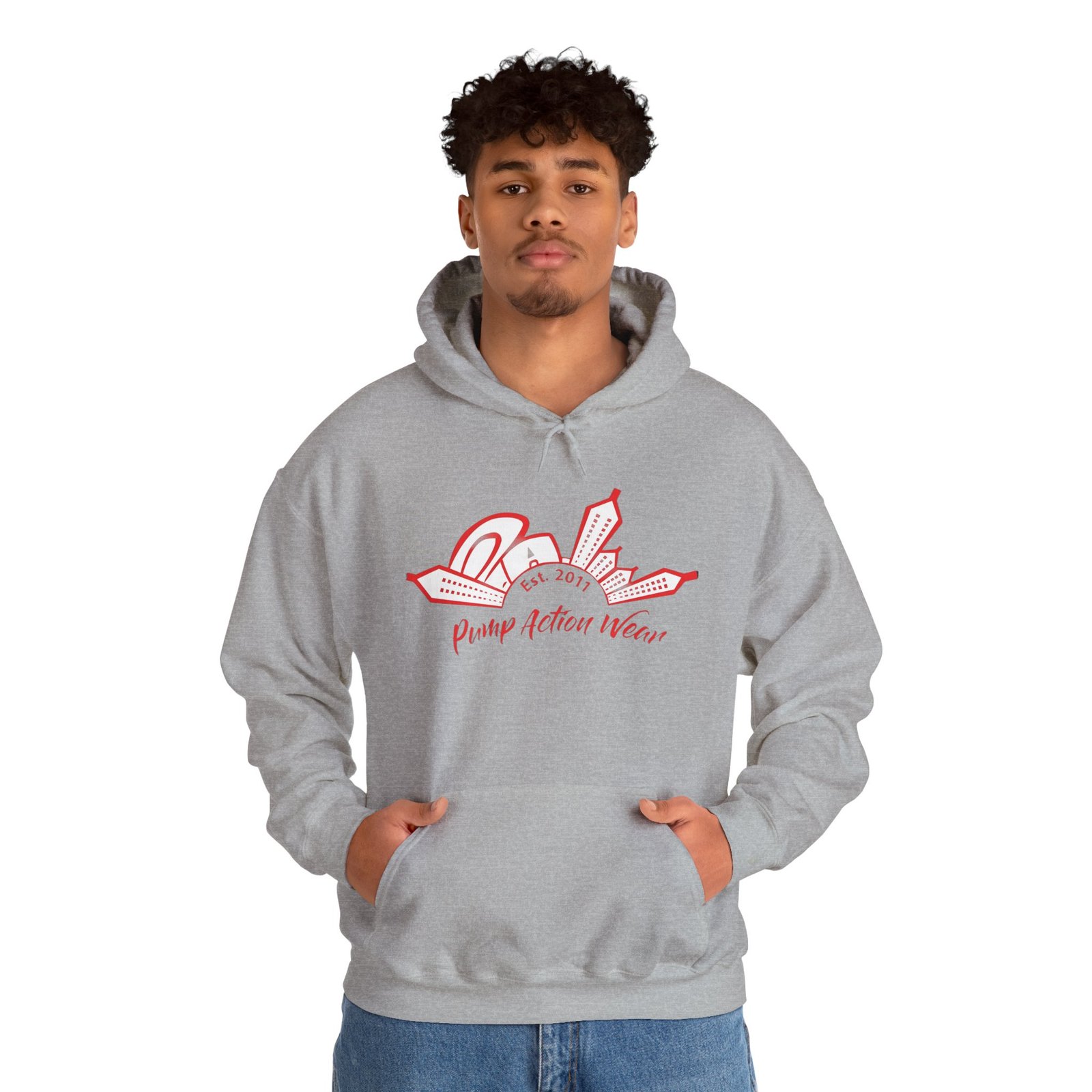 City Skyline Hoodie — 'Planet Action Wear' Retro Red Logo - Image 18