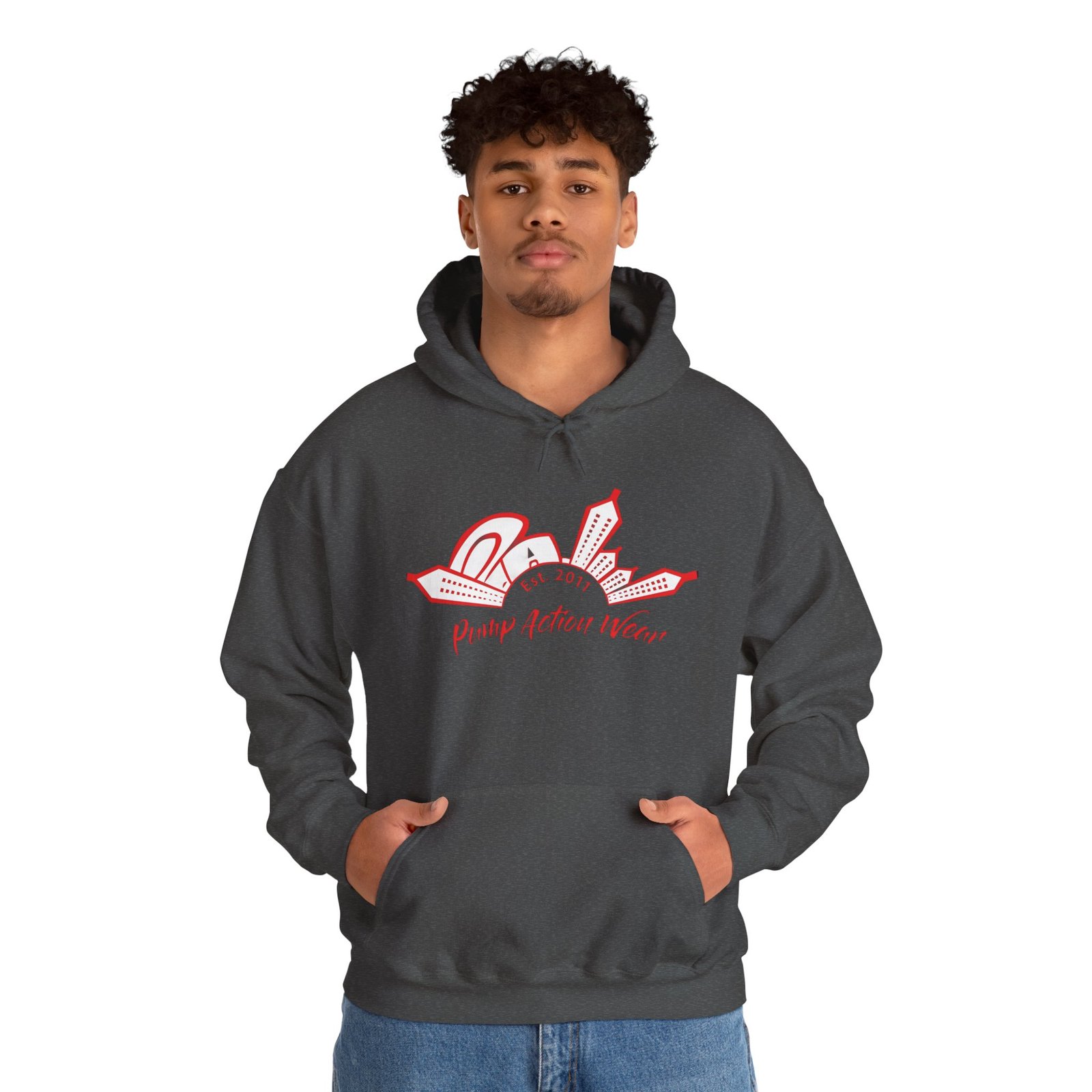 City Skyline Hoodie — 'Planet Action Wear' Retro Red Logo - Image 43