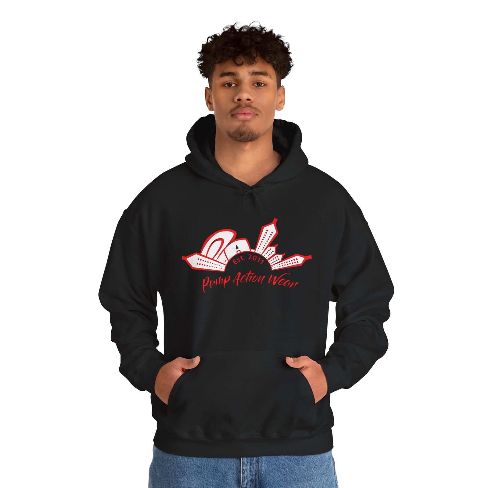 City Skyline Hoodie — 'Planet Action Wear' Retro Red Logo