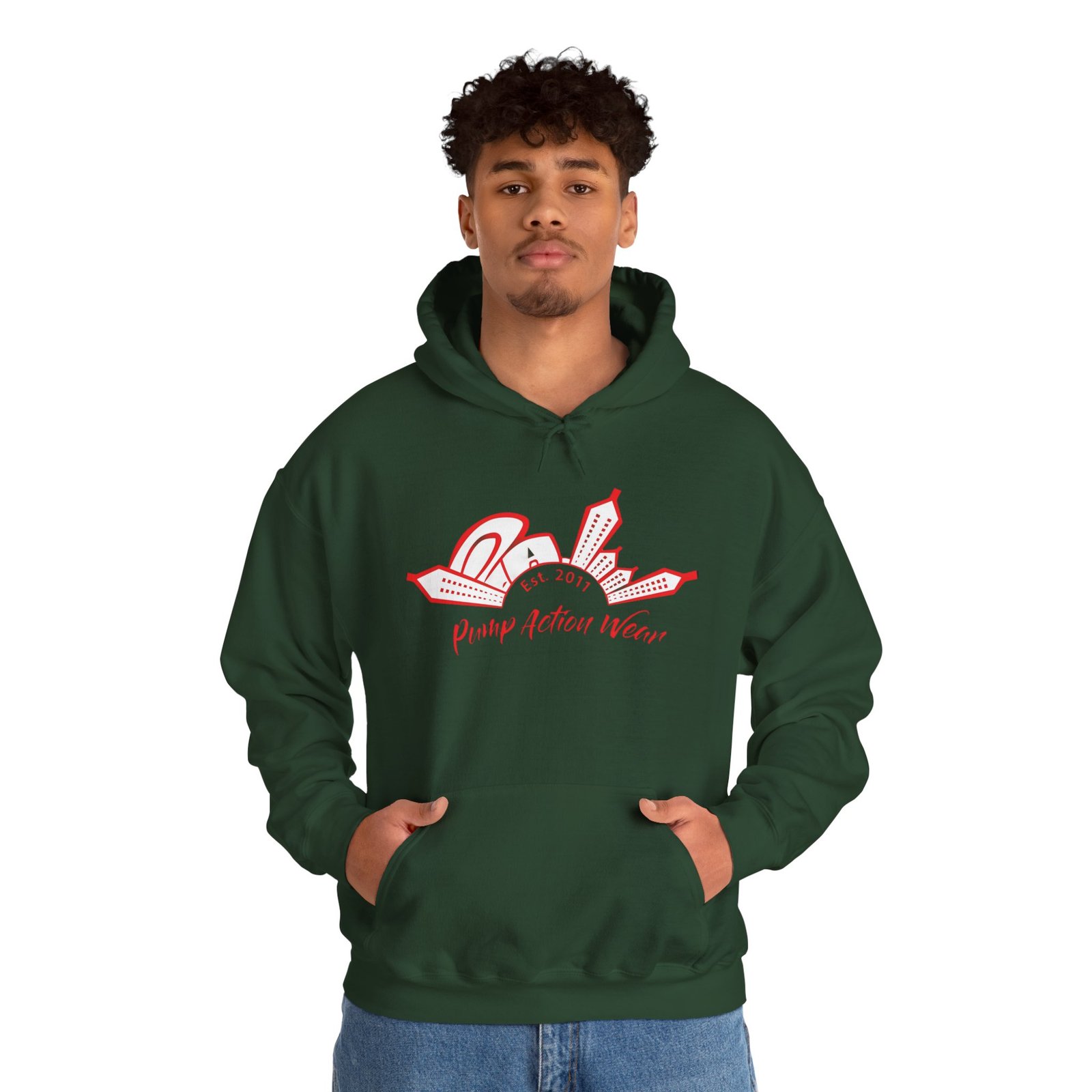 City Skyline Hoodie — 'Planet Action Wear' Retro Red Logo - Image 35