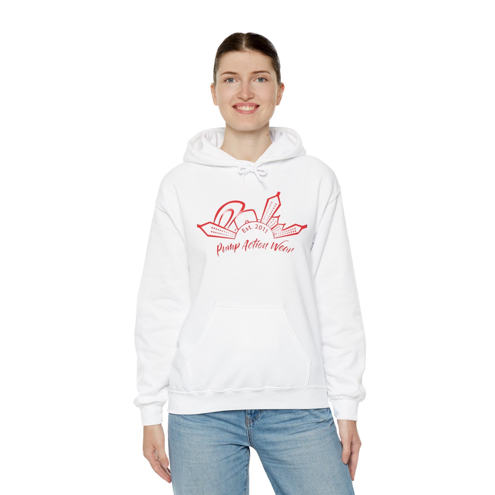City Skyline Hoodie — 'Planet Action Wear' Retro Red Logo - Image 8