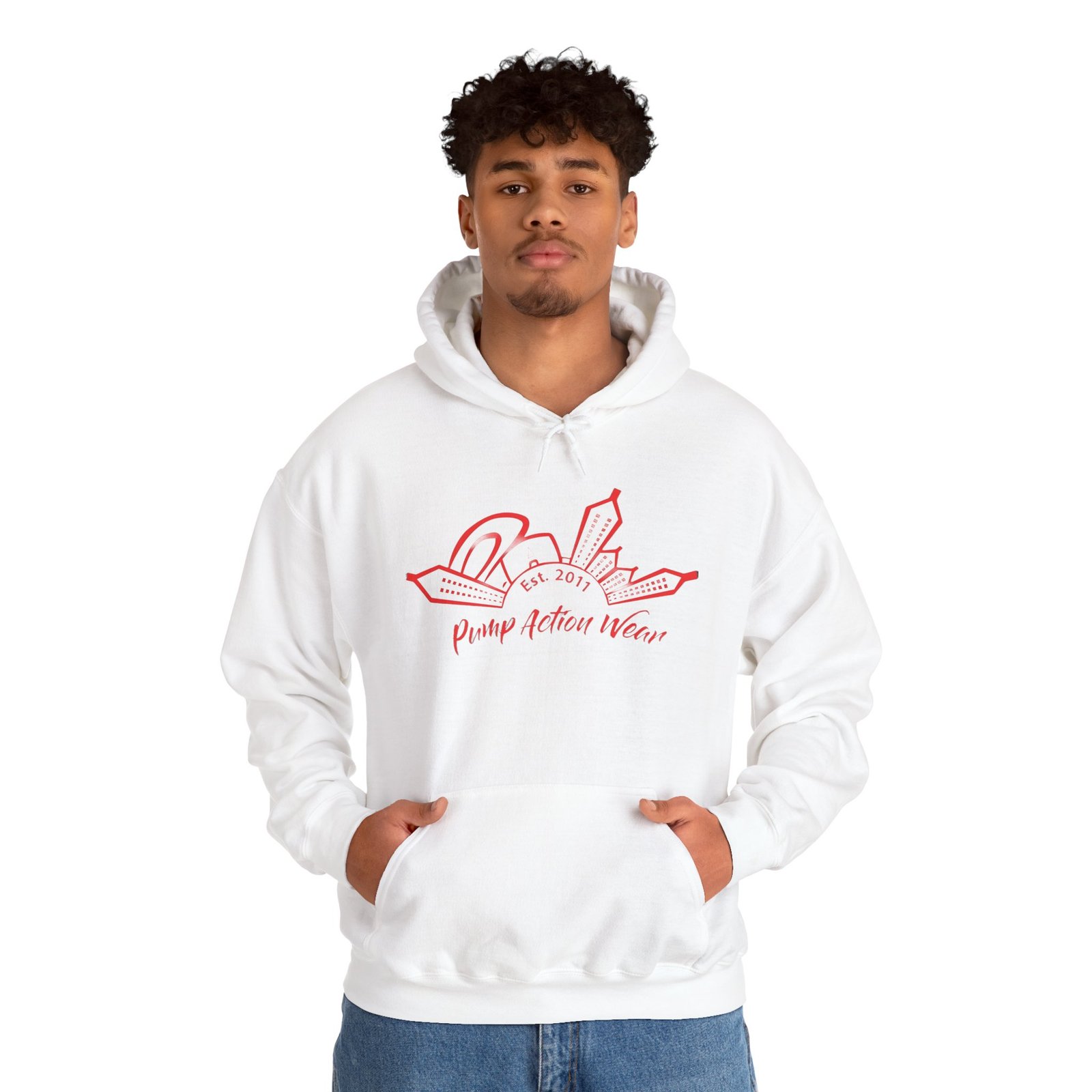 City Skyline Hoodie — 'Planet Action Wear' Retro Red Logo - Image 7