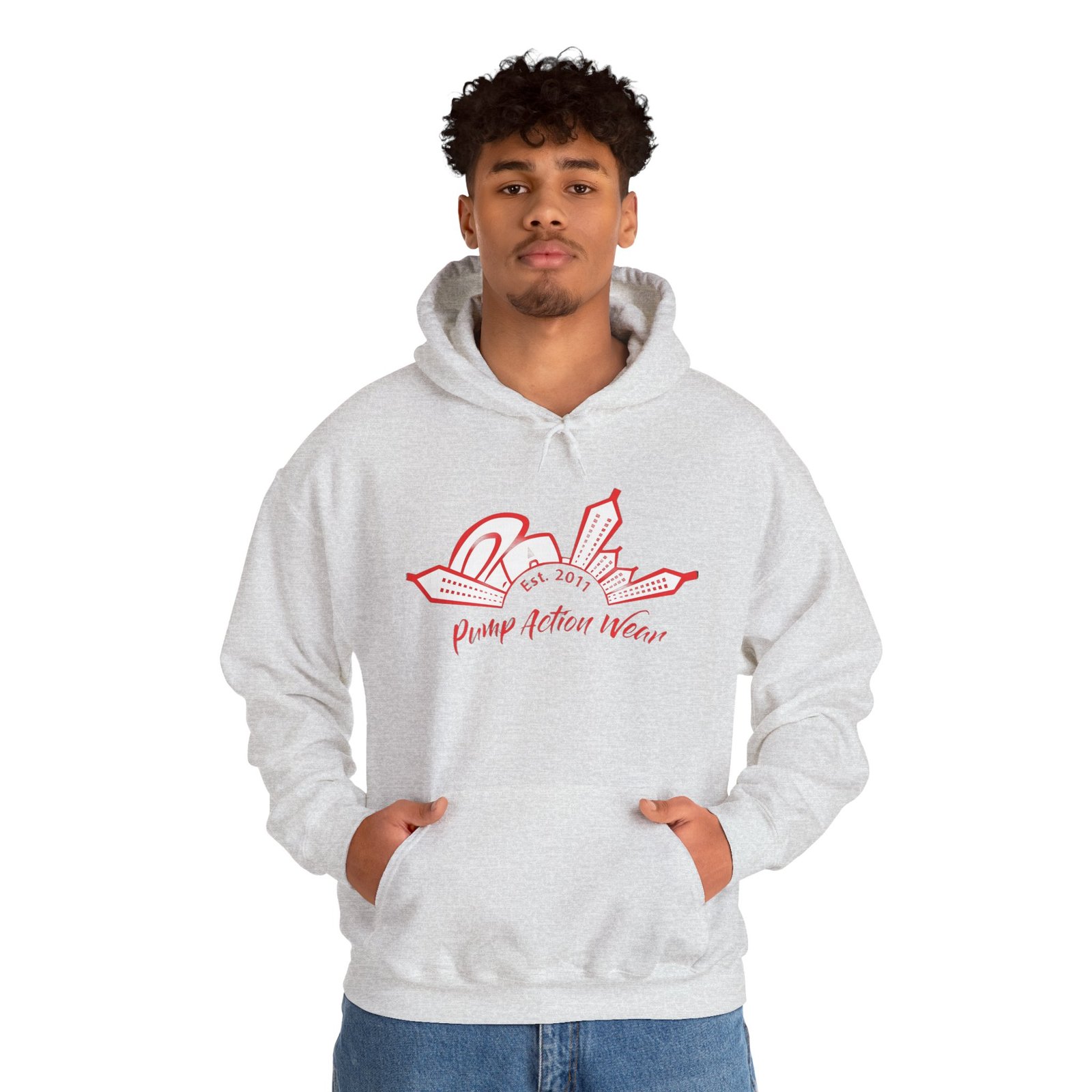 City Skyline Hoodie — 'Planet Action Wear' Retro Red Logo - Image 11