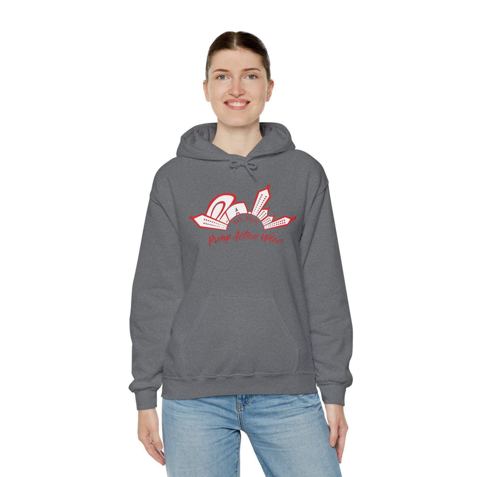 City Skyline Hoodie — 'Planet Action Wear' Retro Red Logo - Image 40
