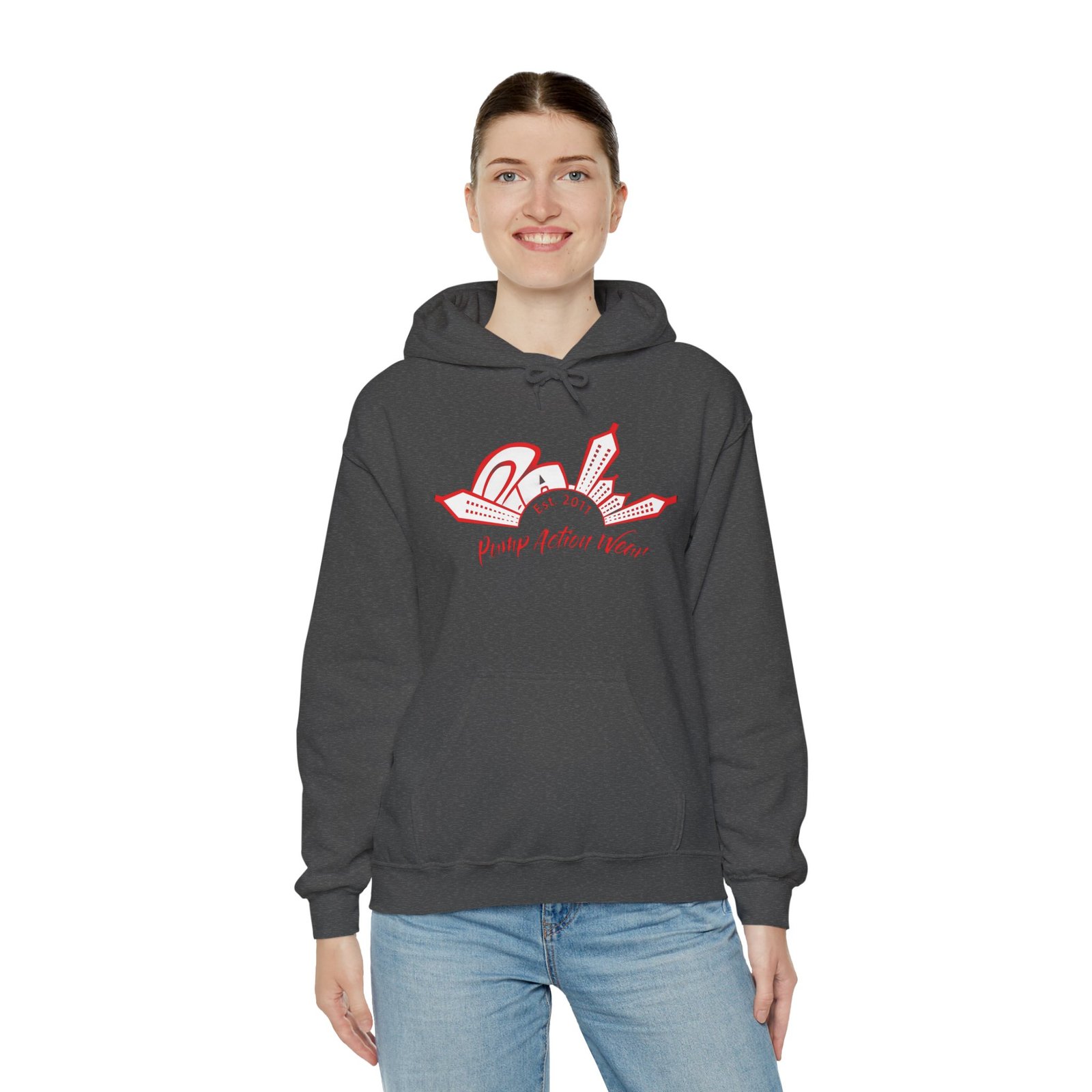 City Skyline Hoodie — 'Planet Action Wear' Retro Red Logo - Image 44