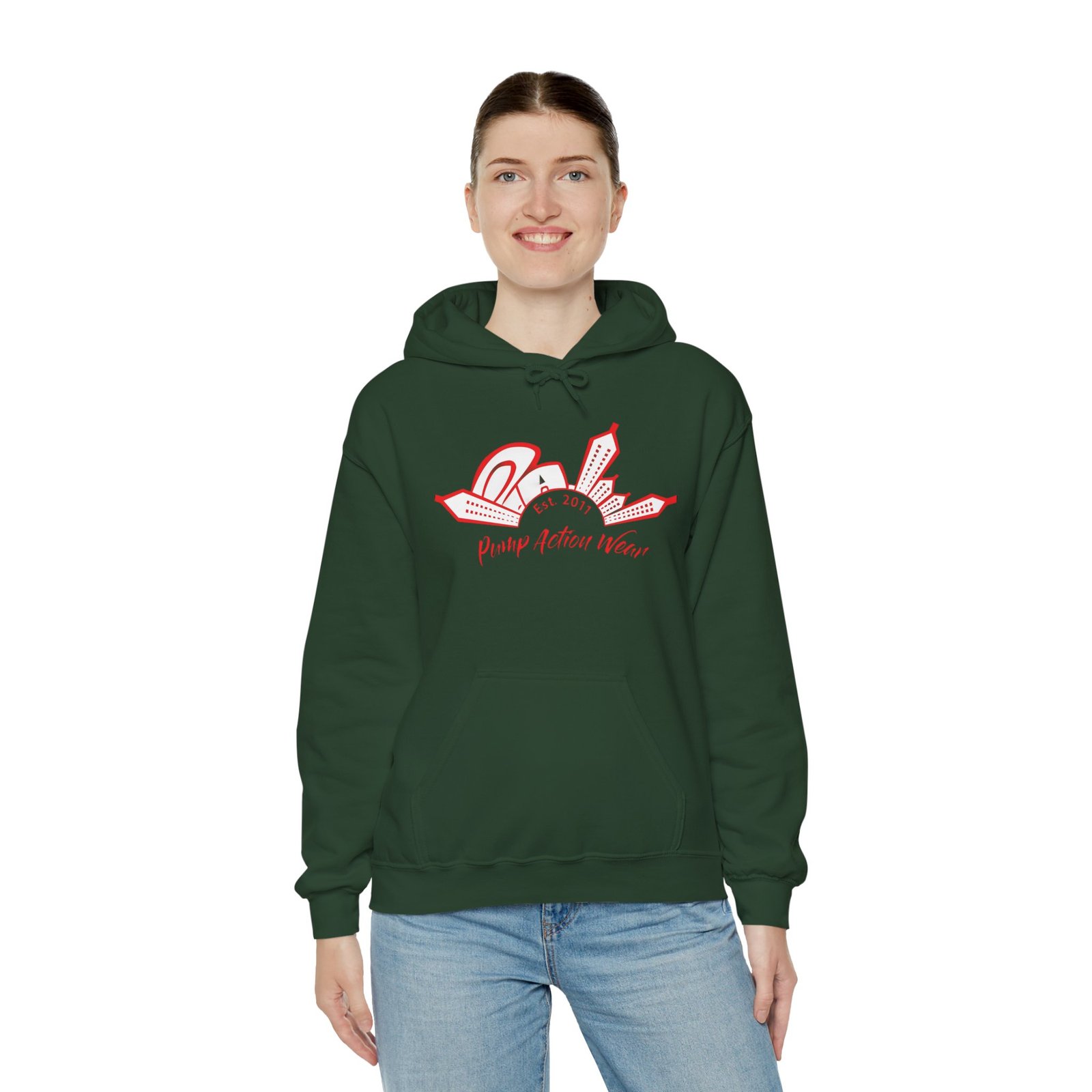 City Skyline Hoodie — 'Planet Action Wear' Retro Red Logo - Image 36