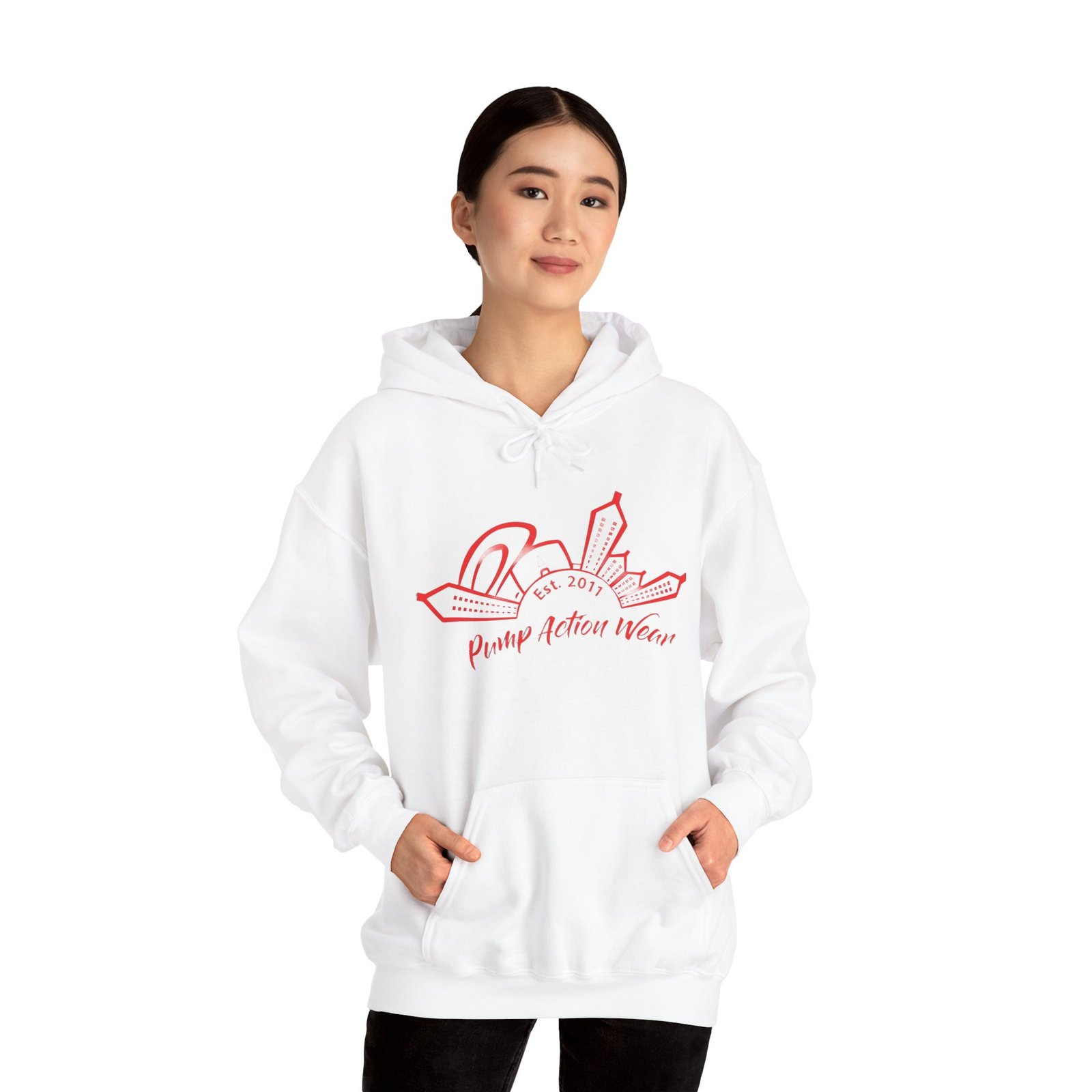 City Skyline Hoodie — 'Planet Action Wear' Retro Red Logo - Image 6
