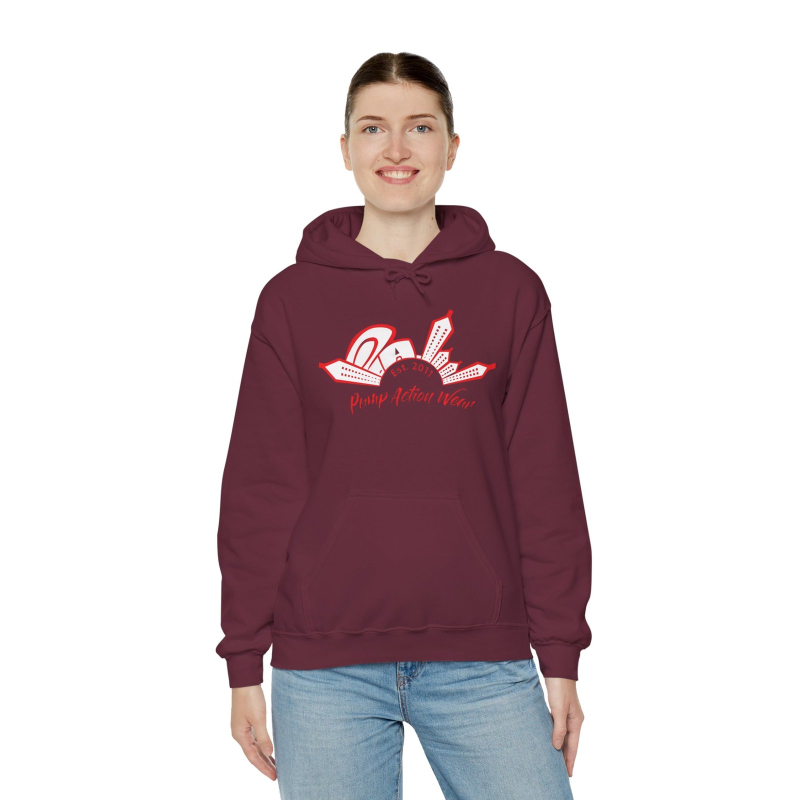 City Skyline Hoodie — 'Planet Action Wear' Retro Red Logo - Image 28