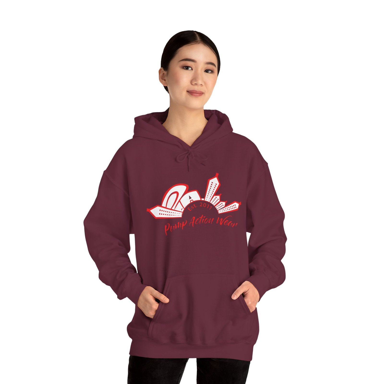 City Skyline Hoodie — 'Planet Action Wear' Retro Red Logo - Image 26