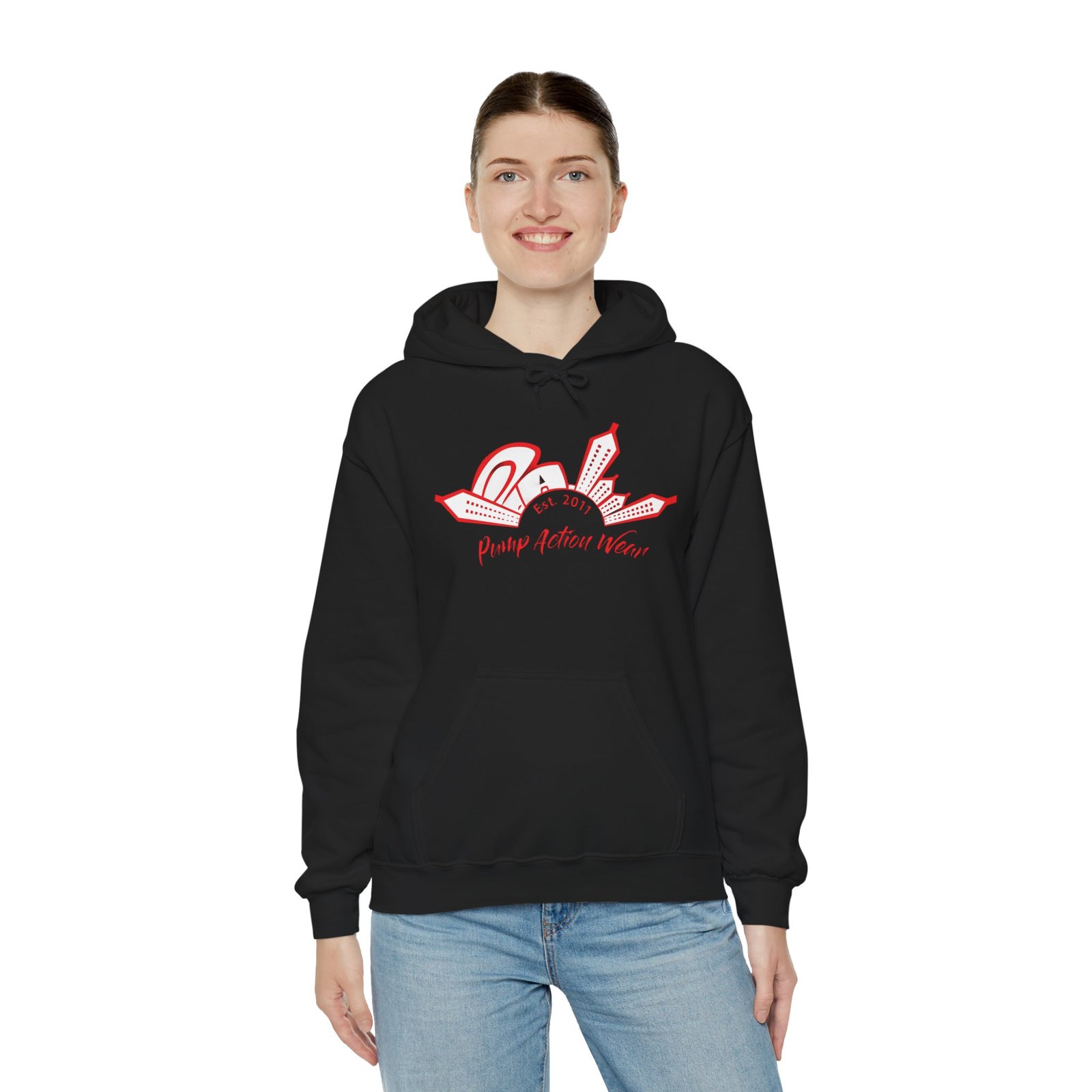 City Skyline Hoodie — 'Planet Action Wear' Retro Red Logo - Image 4