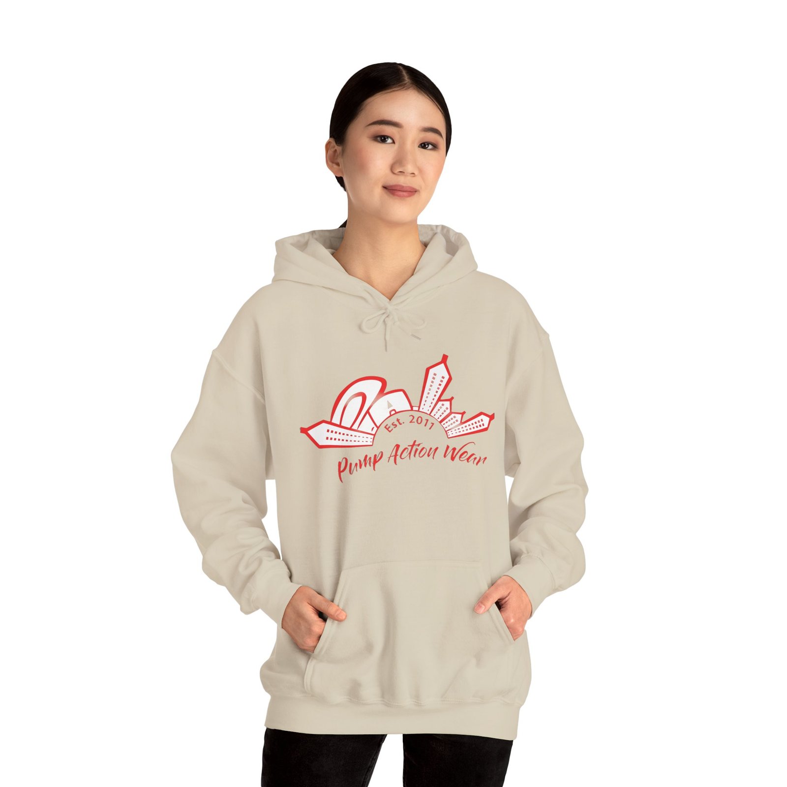 City Skyline Hoodie — 'Planet Action Wear' Retro Red Logo - Image 14