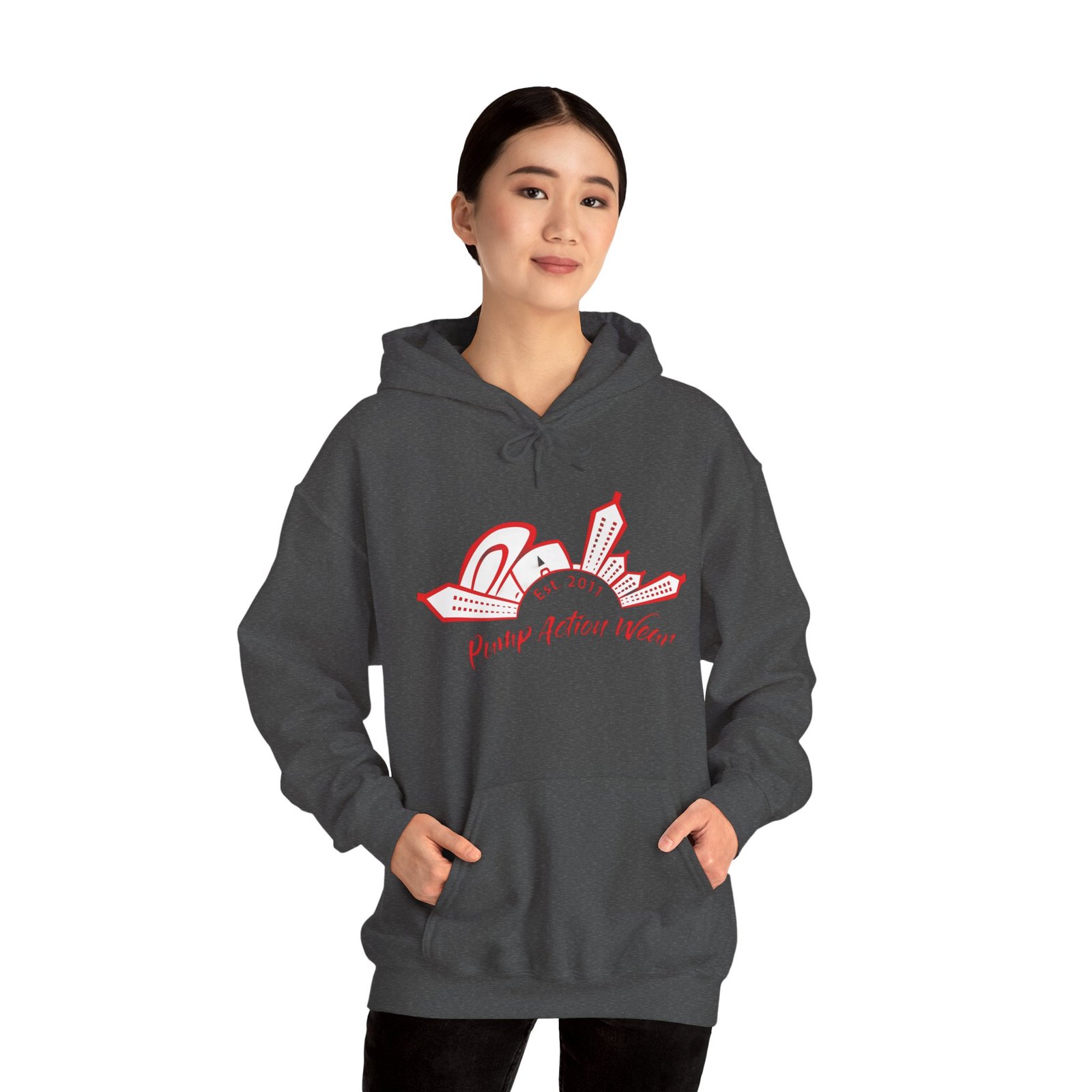 City Skyline Hoodie — 'Planet Action Wear' Retro Red Logo - Image 42
