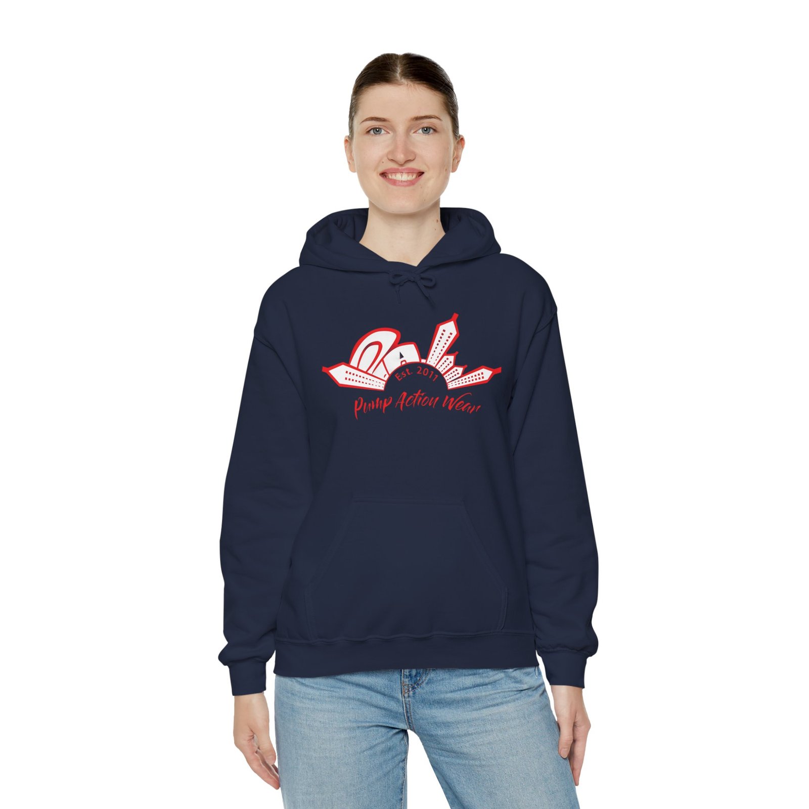City Skyline Hoodie — 'Planet Action Wear' Retro Red Logo - Image 48