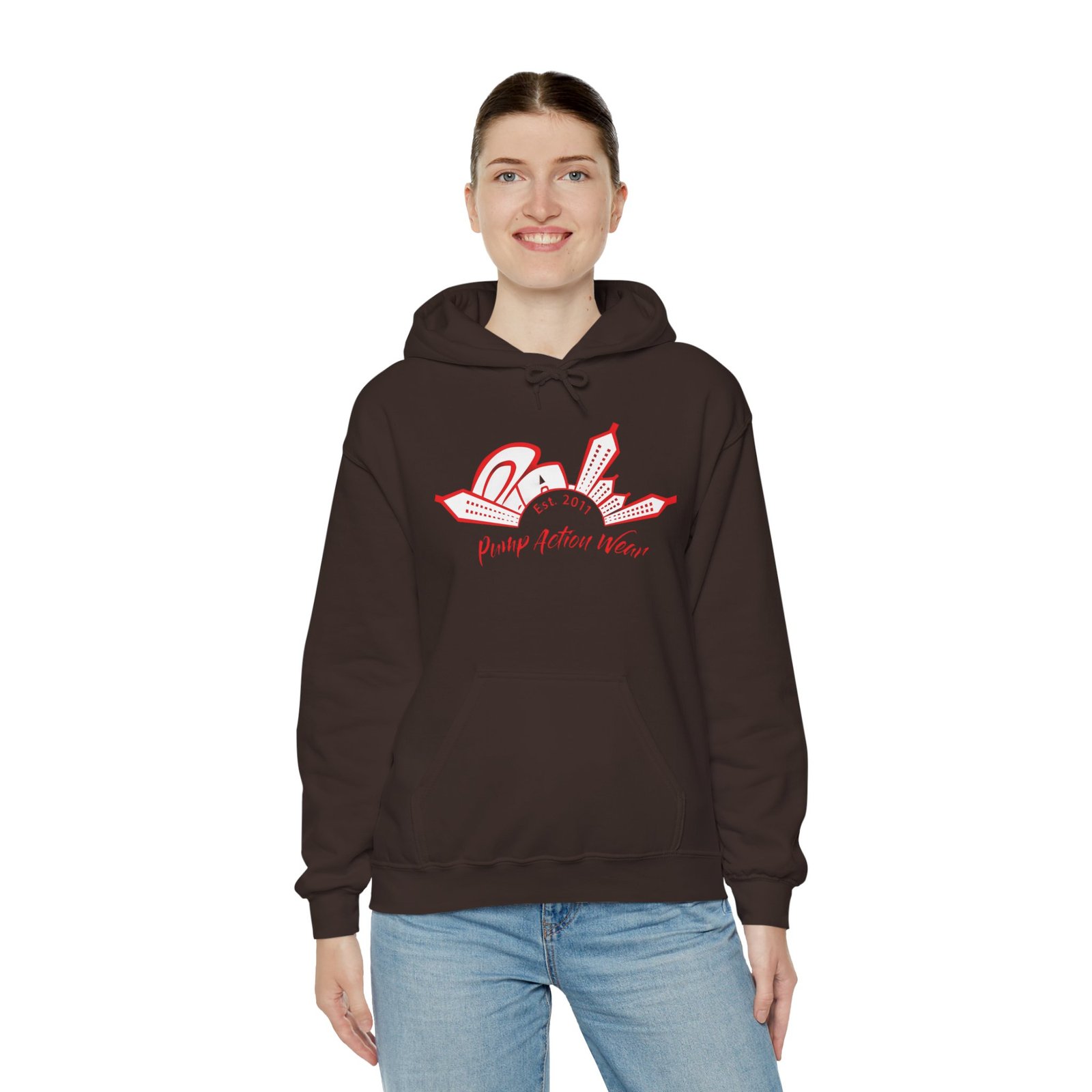 City Skyline Hoodie — 'Planet Action Wear' Retro Red Logo - Image 32