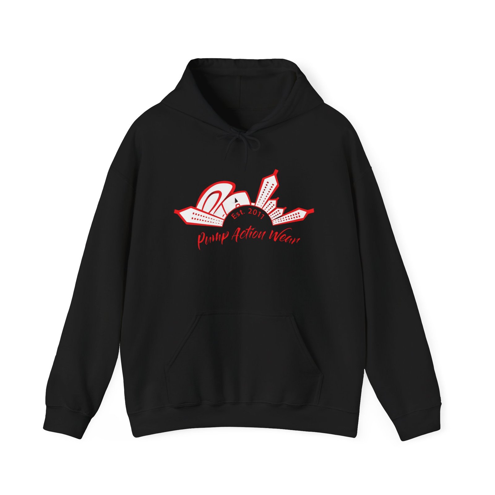 City Skyline Hoodie — 'Planet Action Wear' Retro Red Logo - Image 2