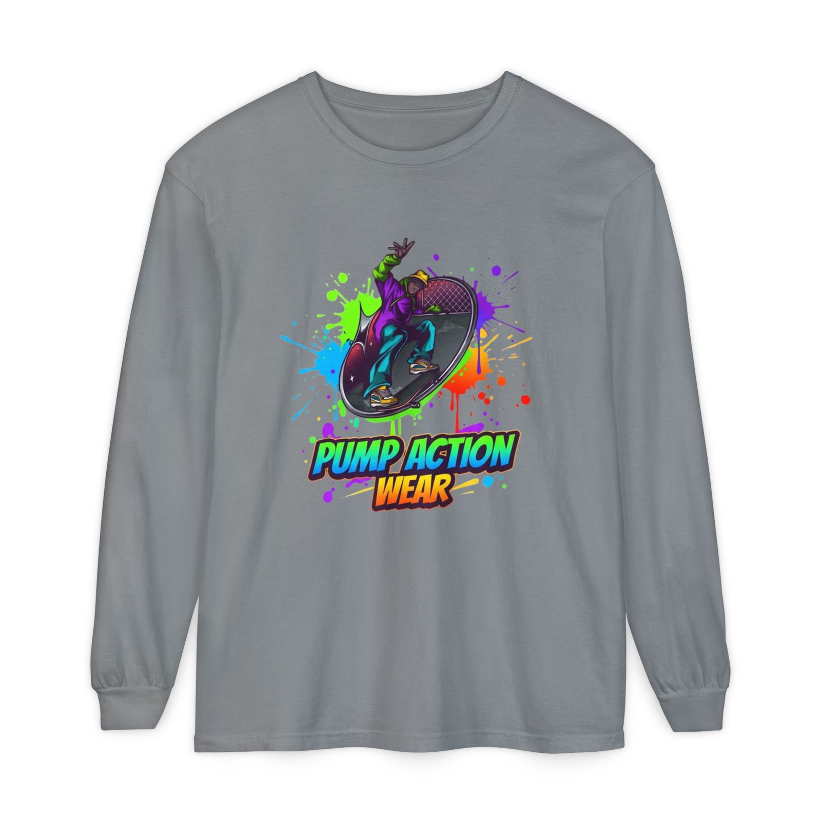 Long Sleeve T-Shirt — "Pump Action Wear" Paint-Splash Skate Graphic - Image 29
