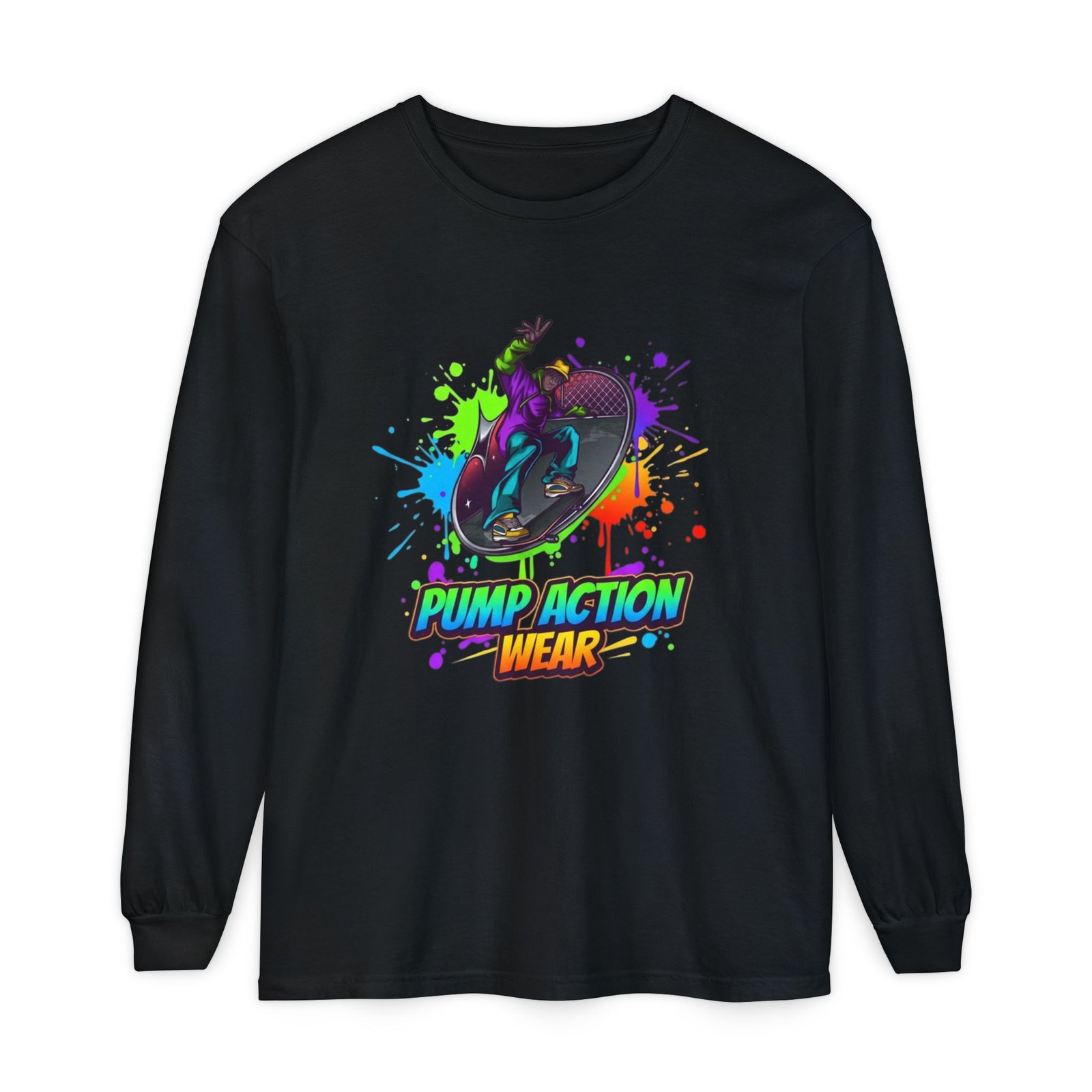 Long Sleeve T-Shirt — "Pump Action Wear" Paint-Splash Skate Graphic - Image 49