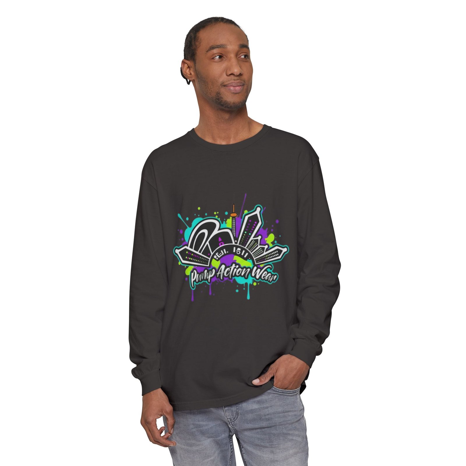 Graphic Long Sleeve T-Shirt — 'Pump Action Wear' Urban Graffiti City Design - Image 55