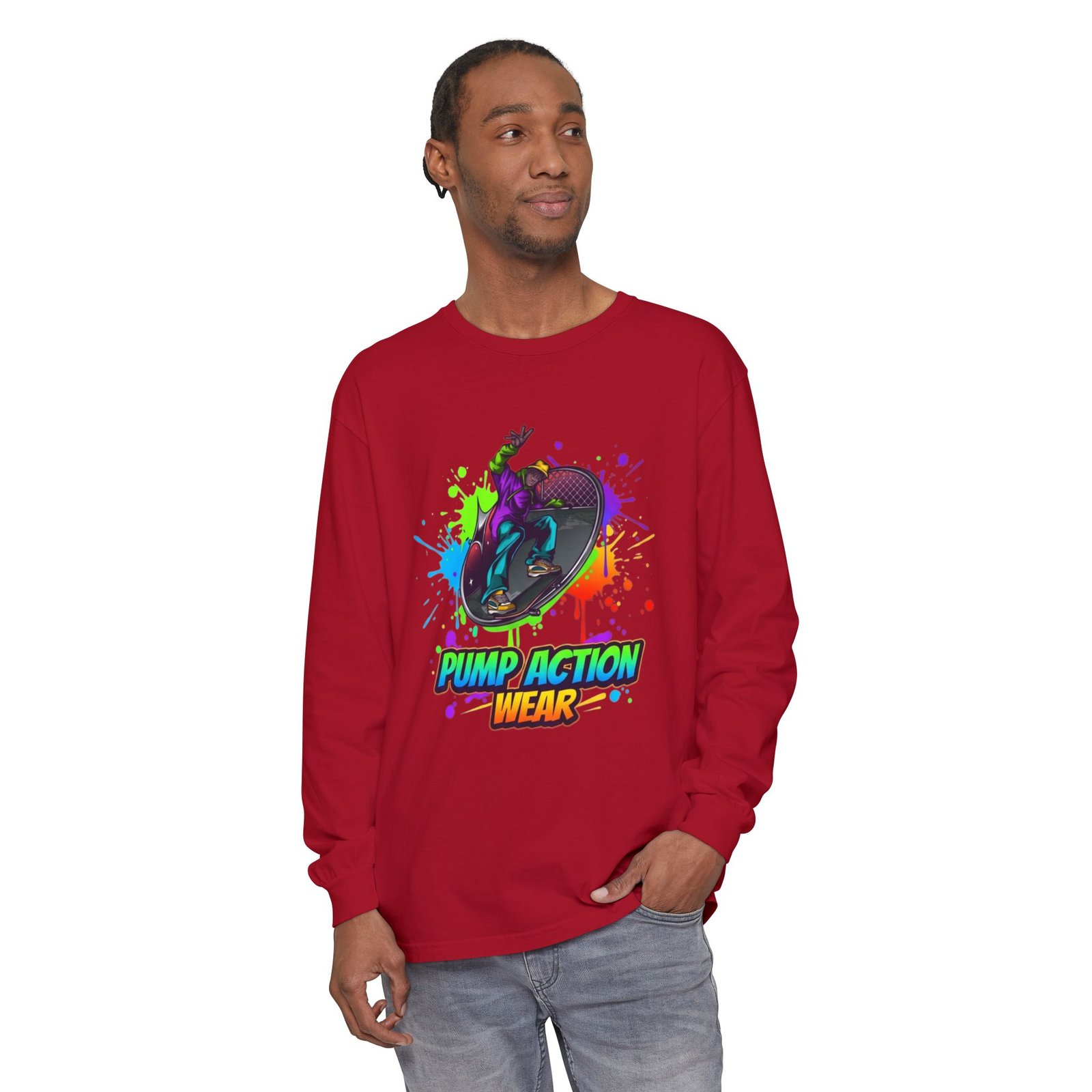 Long Sleeve T-Shirt — "Pump Action Wear" Paint-Splash Skate Graphic - Image 59