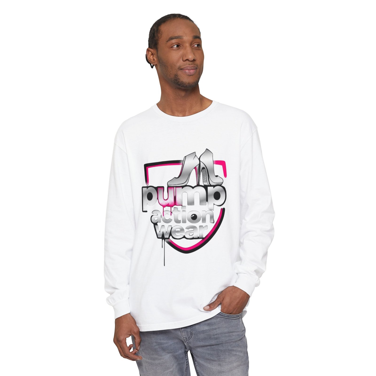 Pump Action Wear Long Sleeve Tee — Retro Chrome Logo Graphic Shirt - Image 3