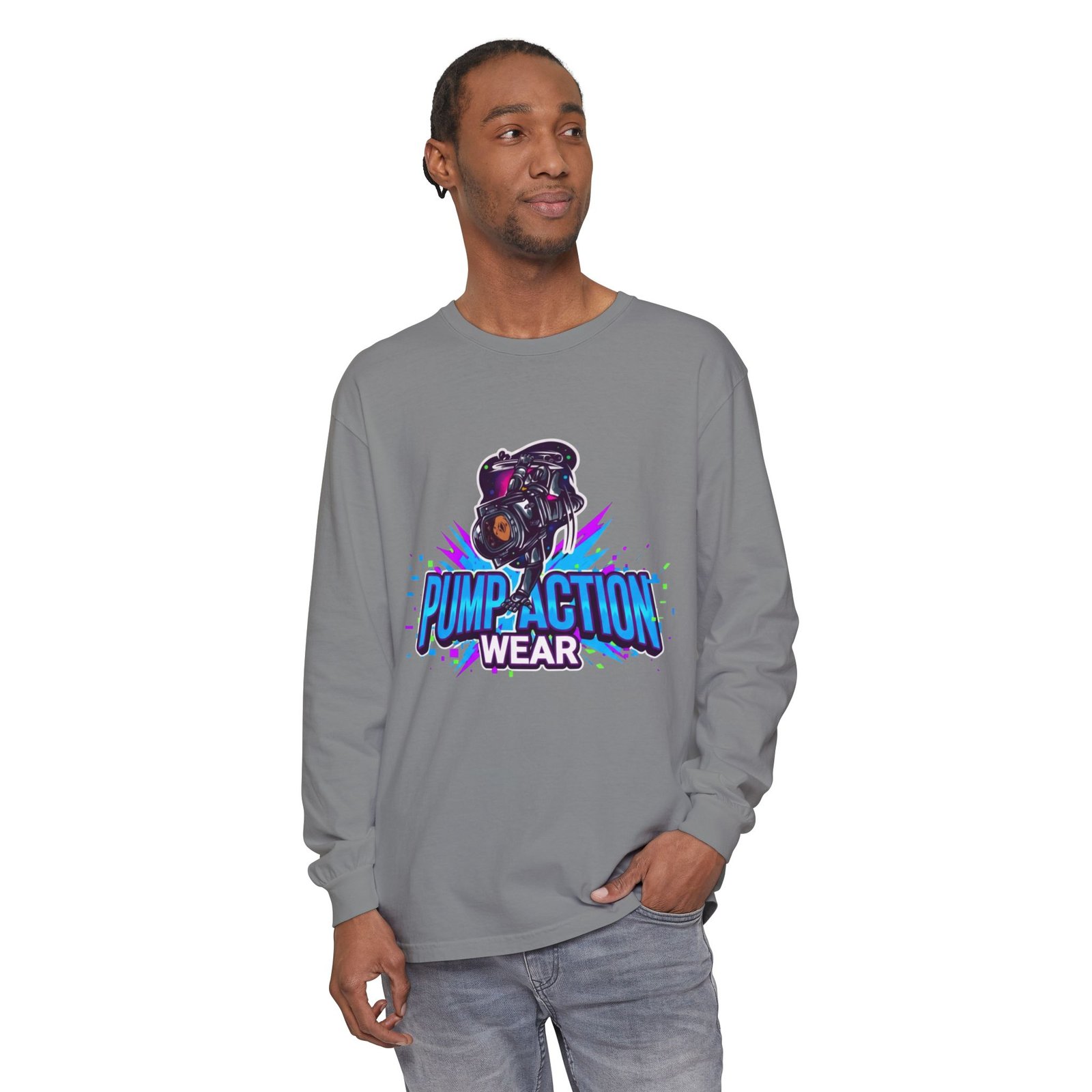Pump Action Wear Long Sleeve T‑Shirt — Graphic Gun Logo Streetwear - Image 35
