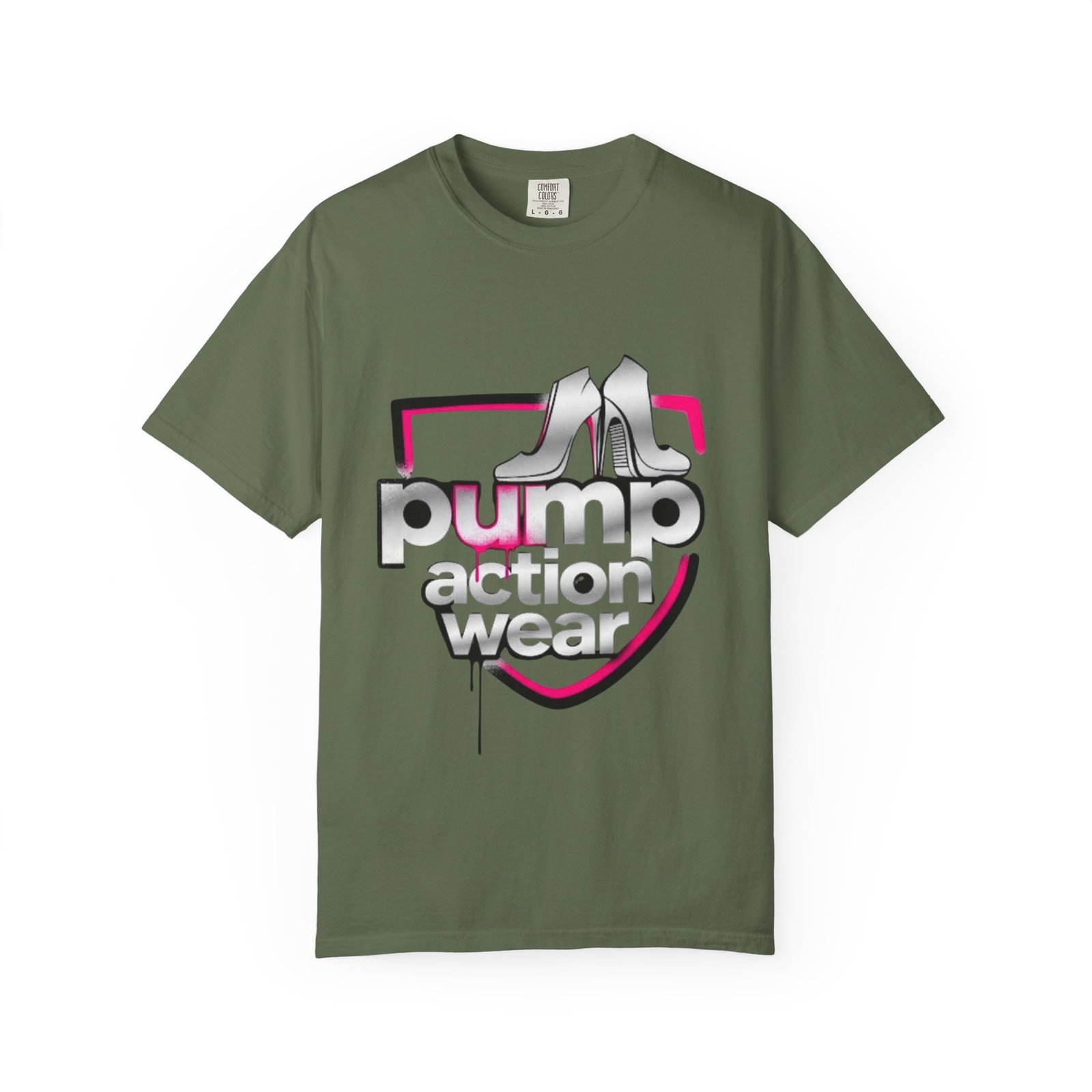 Pump Action Wear T-Shirt — Retro Metallic Heels Logo Tee - Image 25