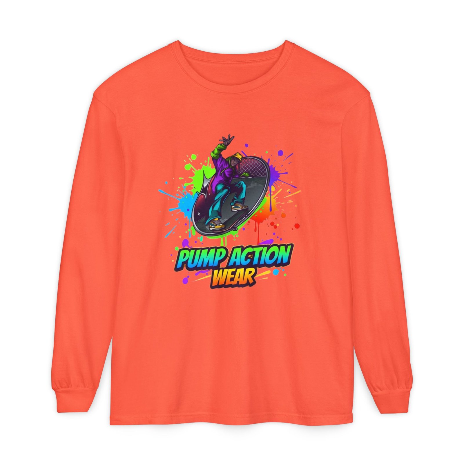 Long Sleeve T-Shirt — "Pump Action Wear" Paint-Splash Skate Graphic - Image 9