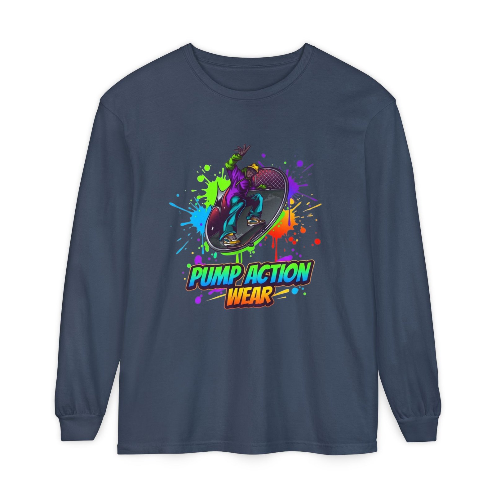 Long Sleeve T-Shirt — "Pump Action Wear" Paint-Splash Skate Graphic - Image 65