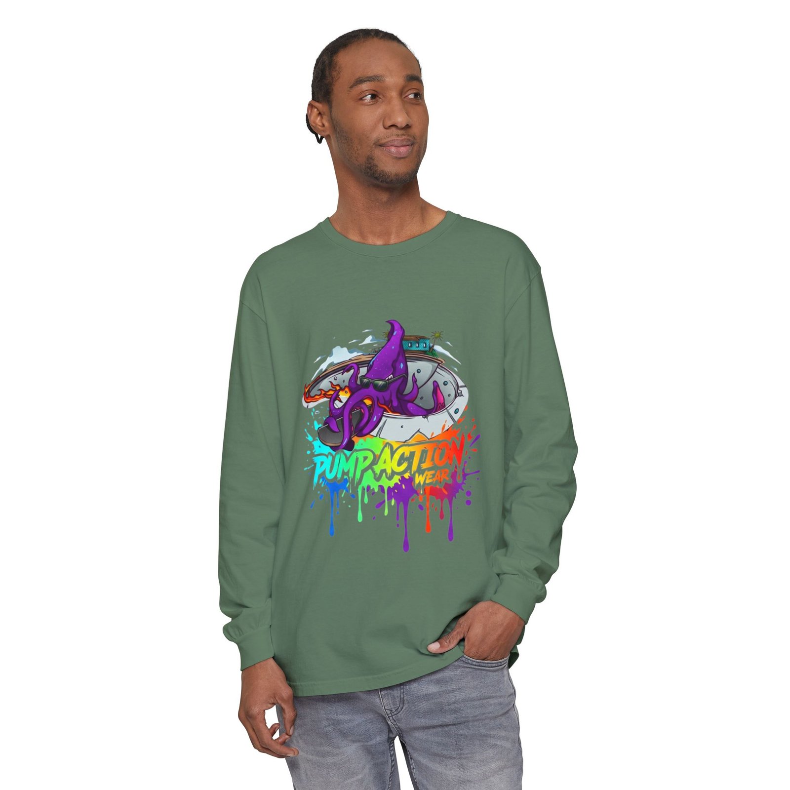 Long Sleeve T‑Shirt — 'Pump Action' Colorful Octopus Skate Graphic - Image 39