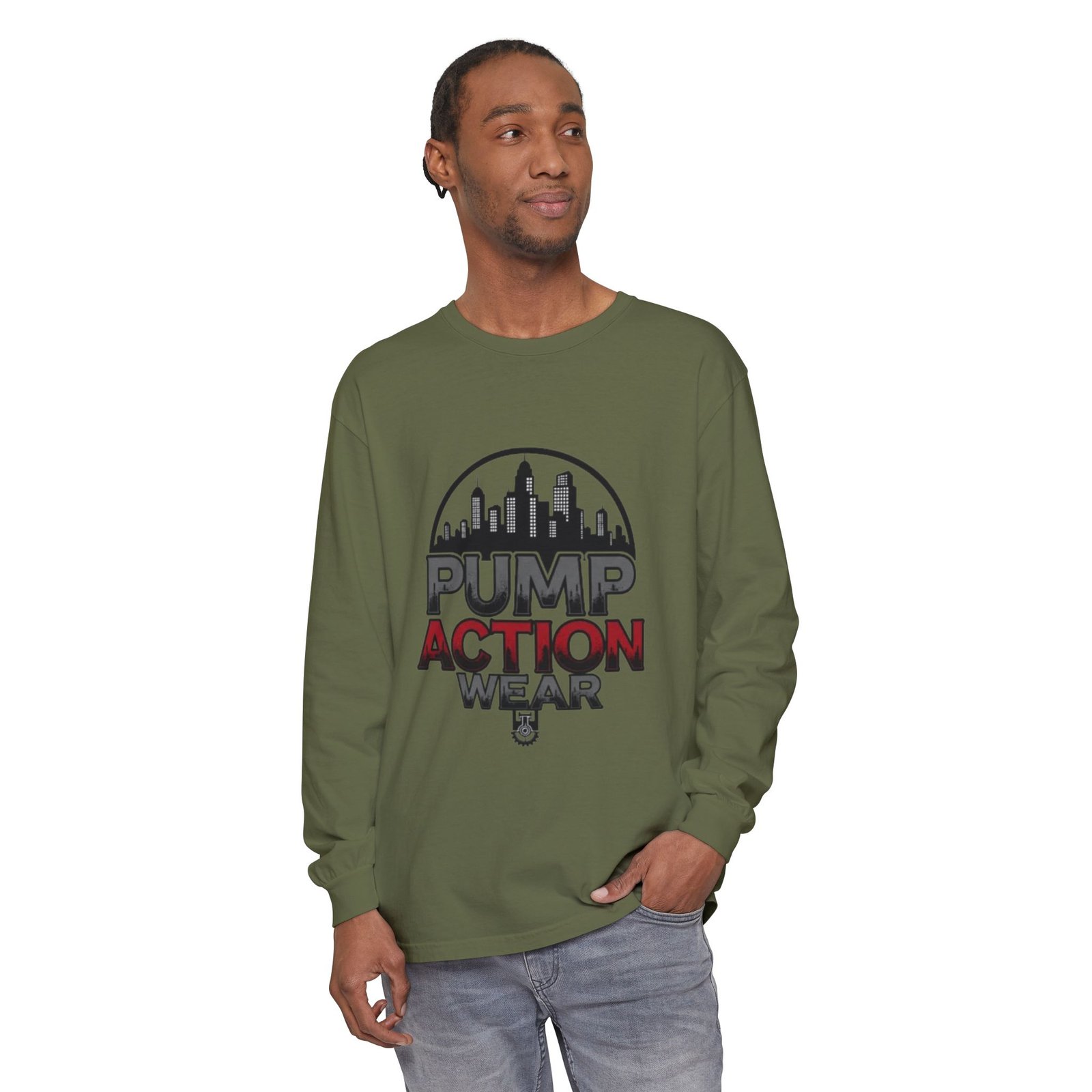 Pump Action Wear Long Sleeve Tee – Urban Skyline Graphic - Image 47