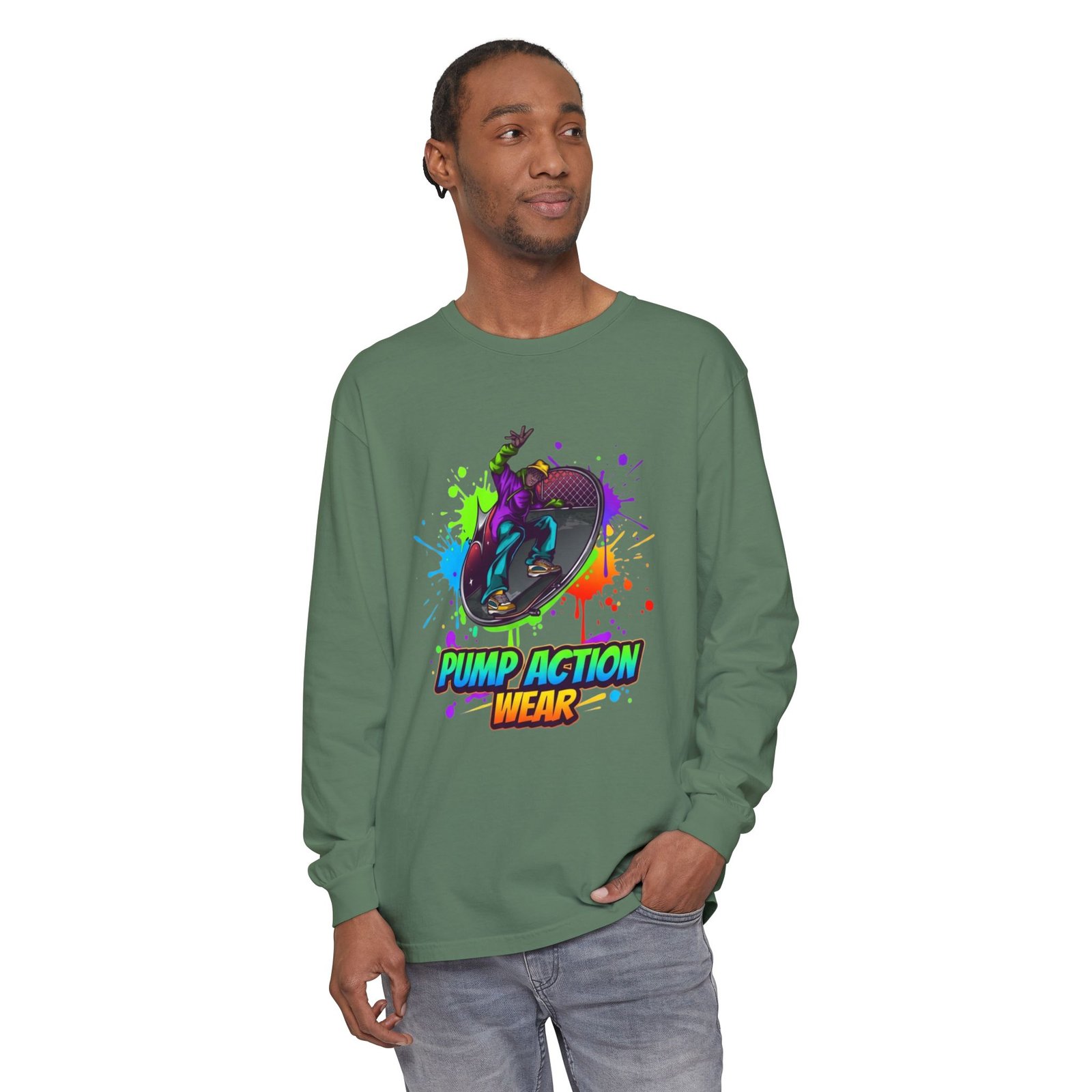 Long Sleeve T-Shirt — "Pump Action Wear" Paint-Splash Skate Graphic - Image 39