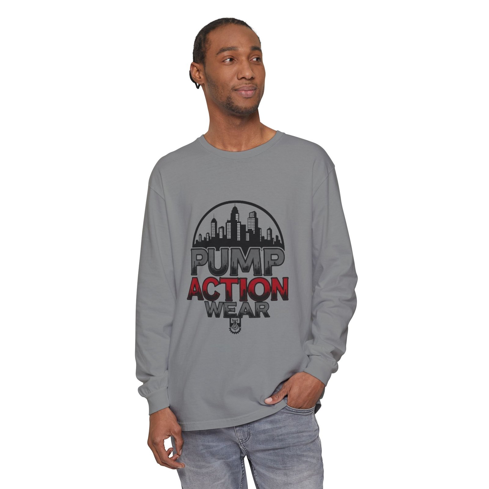 Pump Action Wear Long Sleeve Tee – Urban Skyline Graphic - Image 43