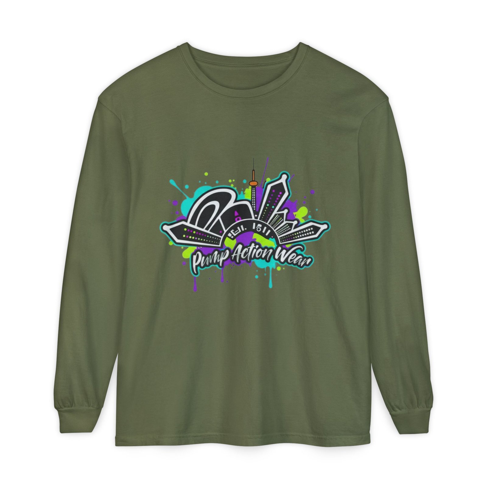 Graphic Long Sleeve T-Shirt — 'Pump Action Wear' Urban Graffiti City Design - Image 41