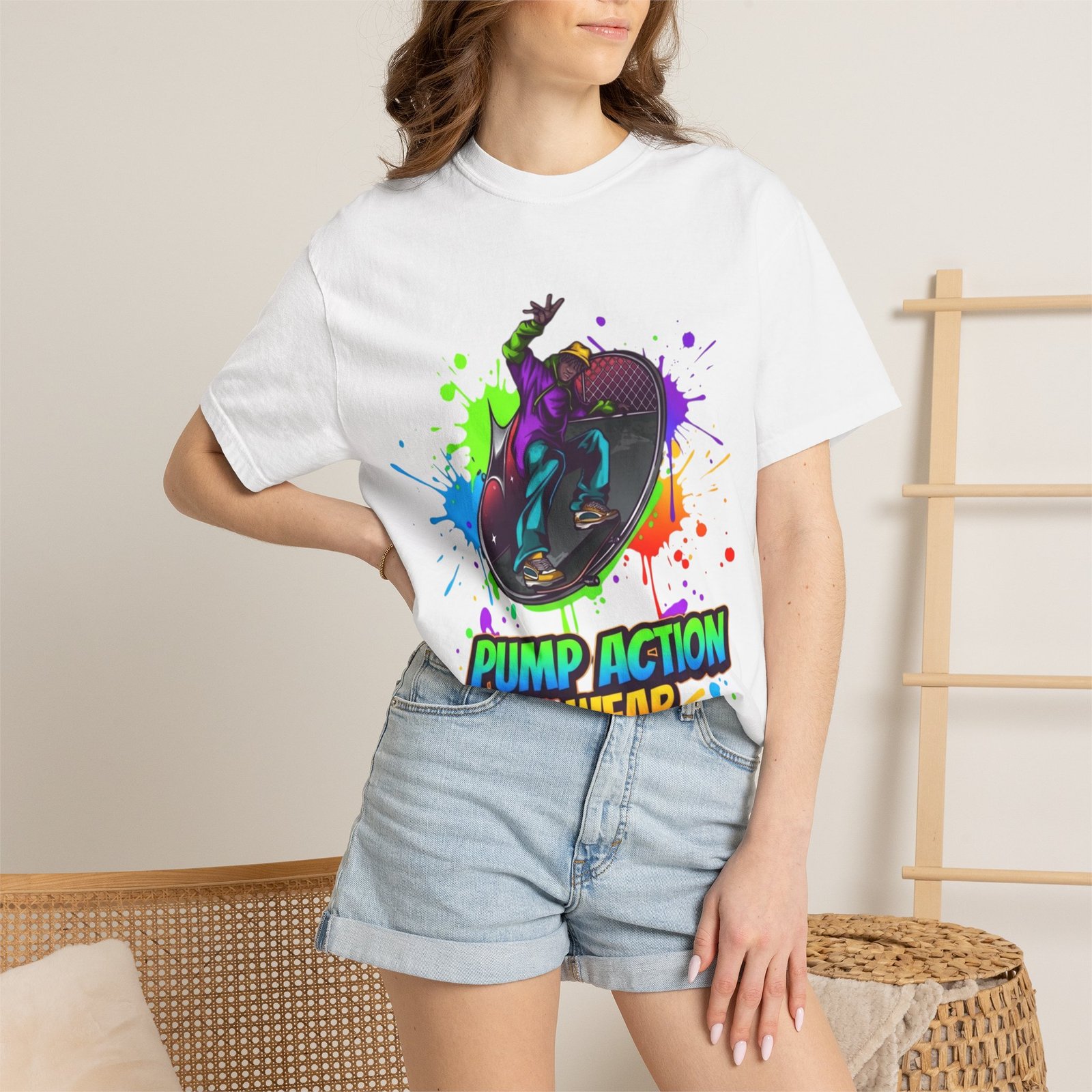T-Shirt — 'Pump Action Wear' Colorful DJ Turntable Graphic Tee - Image 4