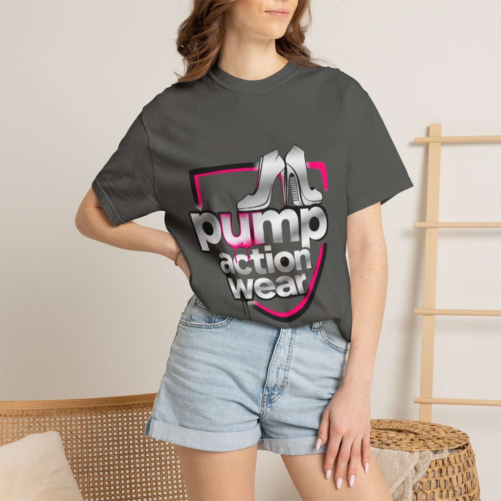 Pump Action Wear T-Shirt — Retro Metallic Heels Logo Tee - Image 20