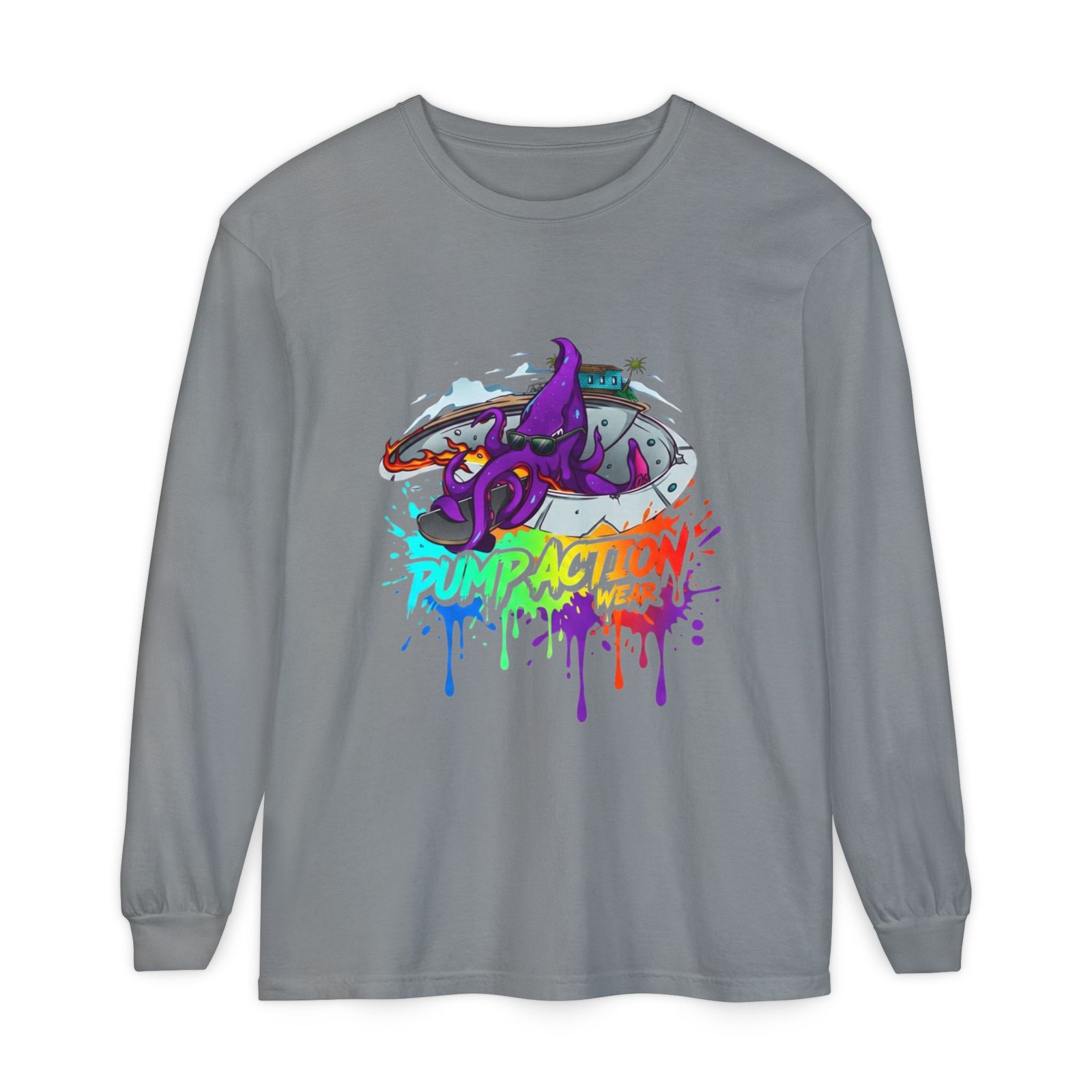 Long Sleeve T‑Shirt — 'Pump Action' Colorful Octopus Skate Graphic - Image 29