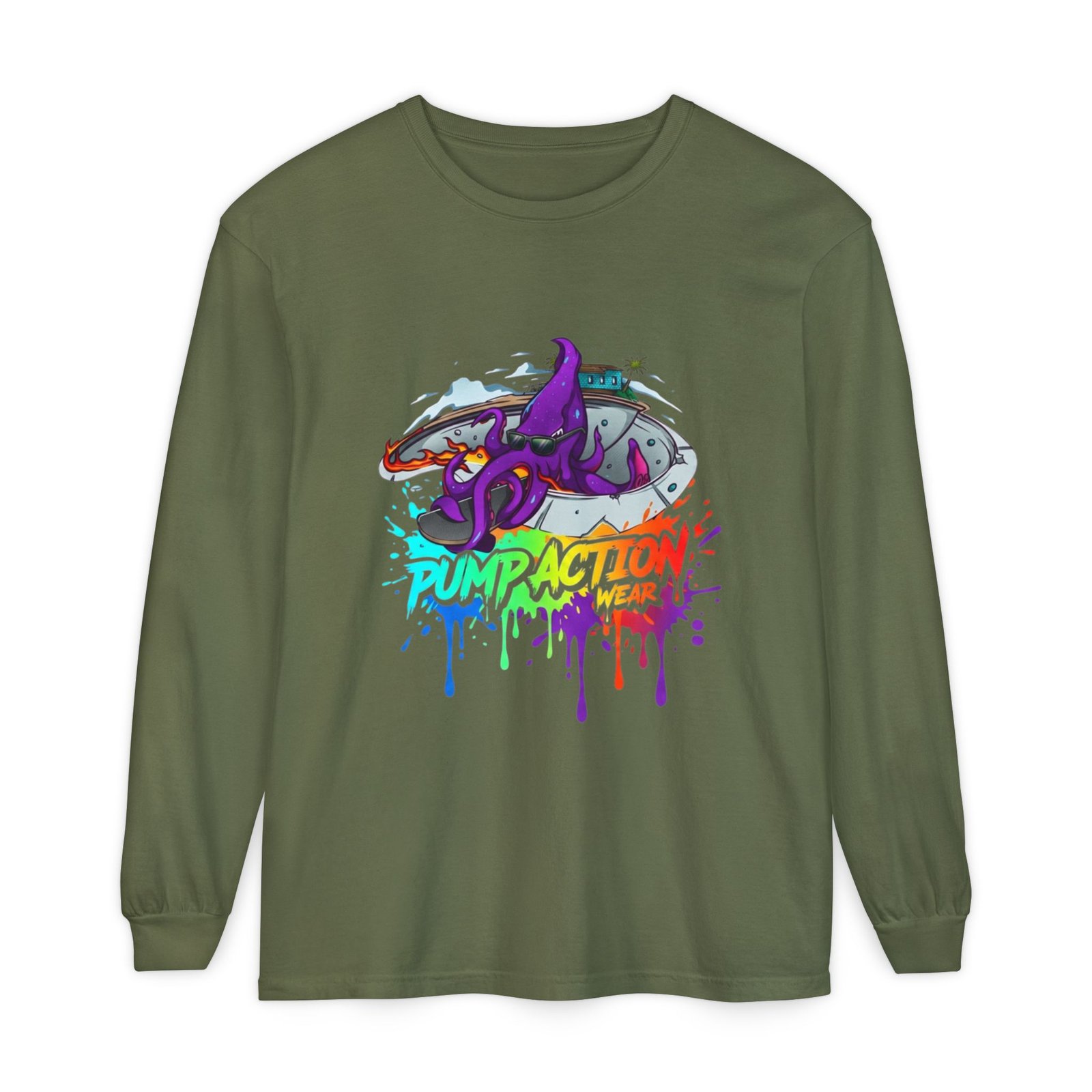 Long Sleeve T‑Shirt — 'Pump Action' Colorful Octopus Skate Graphic - Image 33